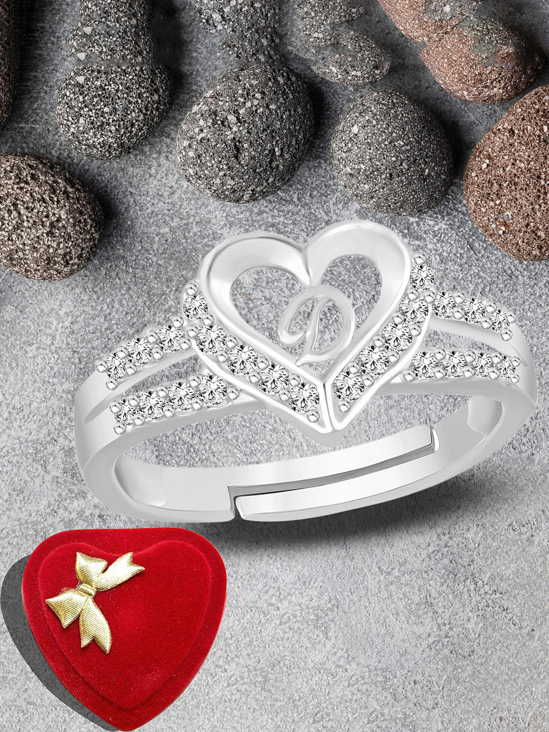 Lila Unisex Silver-Plated Stones-Studded D Letter Heart Shaped Finger Ring