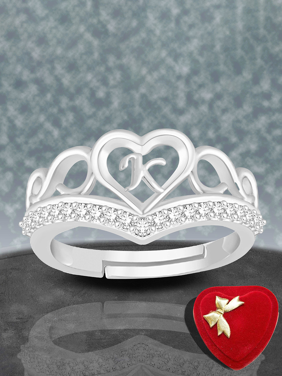 Lila Unisex Silver-Plated American Diamond-Studded Letter K Adjustable Ring