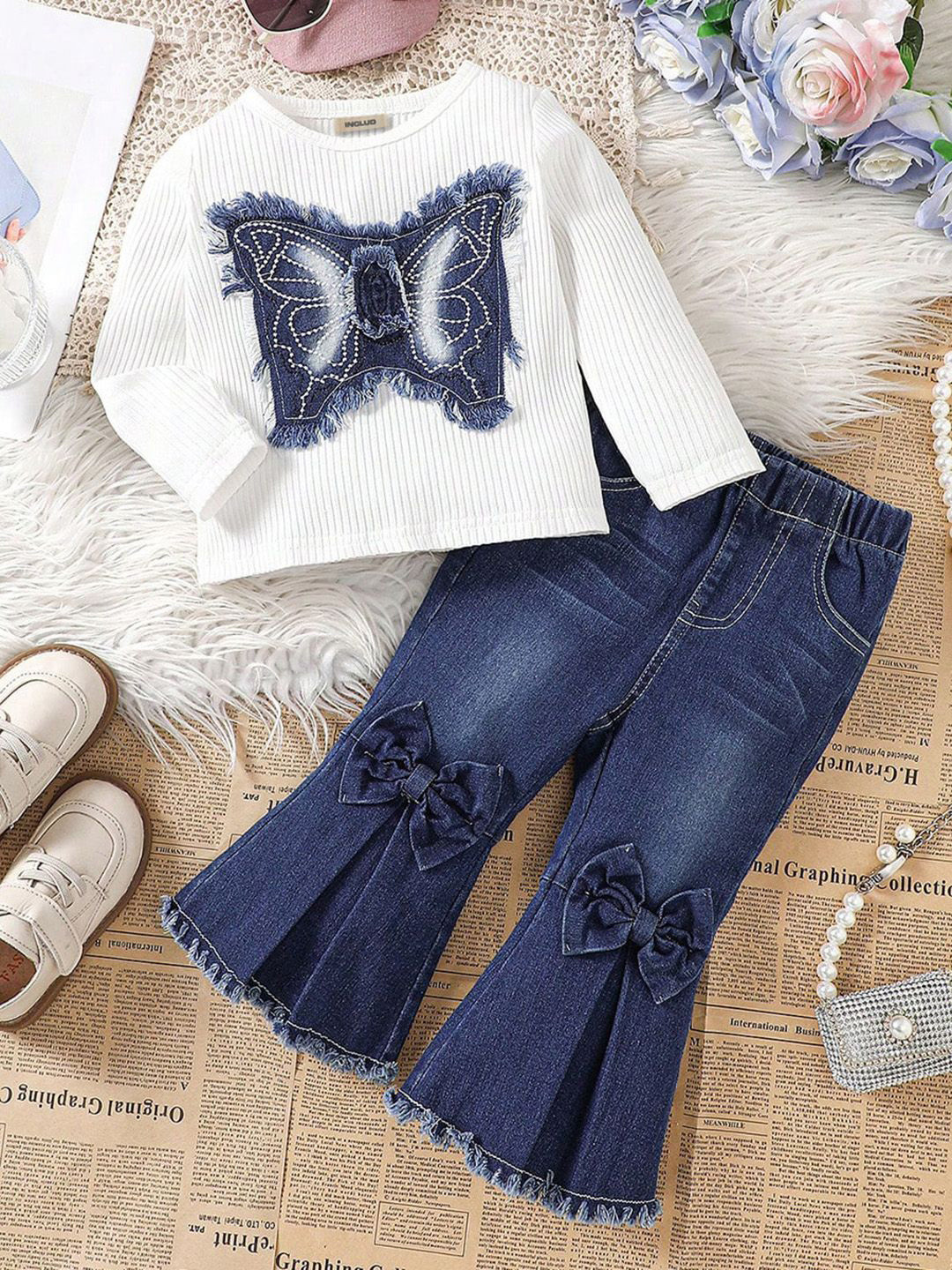 INCLUD Girls Applique White T-shirt with Trousers Denim Clothing Set