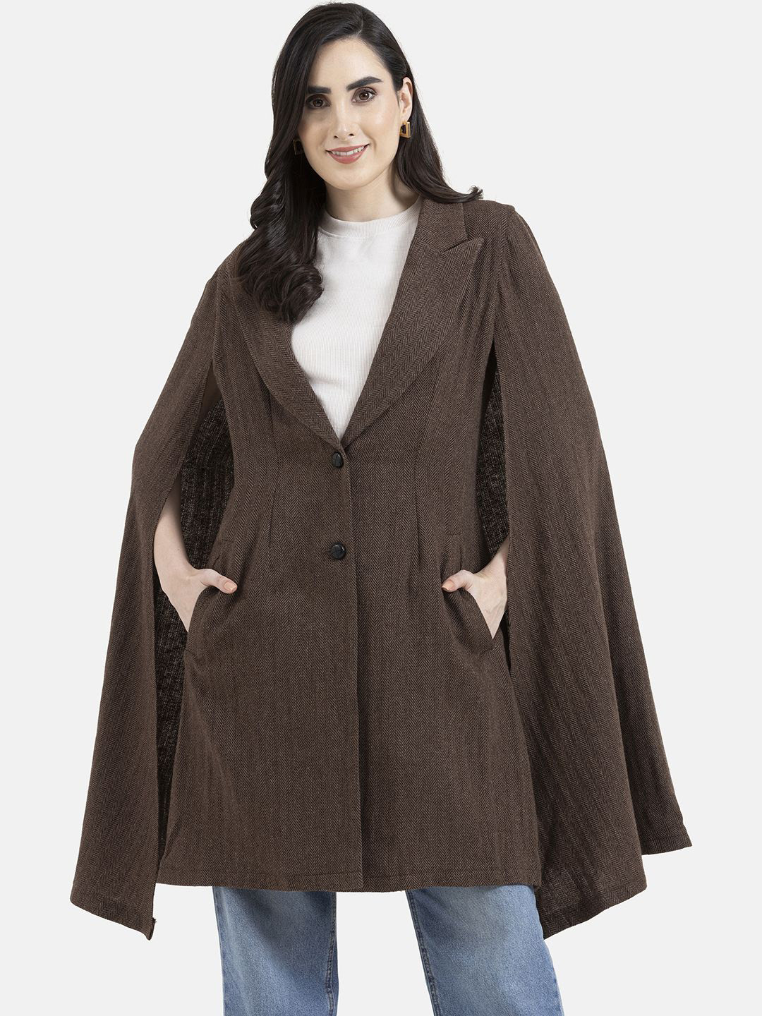 Owncraft Women Self Design Double Breasted Wool Trench Coat