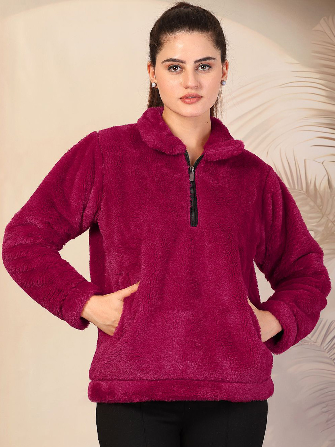 KLOTTHE Women Solid Faux fur trim Spread Collar Long Sleeves Wool Jacket