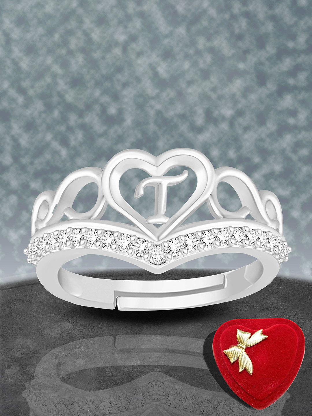 Lila Silver-Plated American Diamond Studded Letter T Alphabet Adjustable Ring