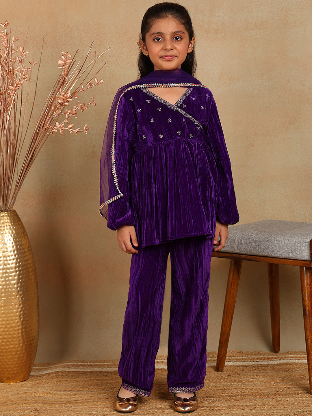 The Tribe Kids Girls Embroidered Velvet Kurta with Sharara & Dupatta