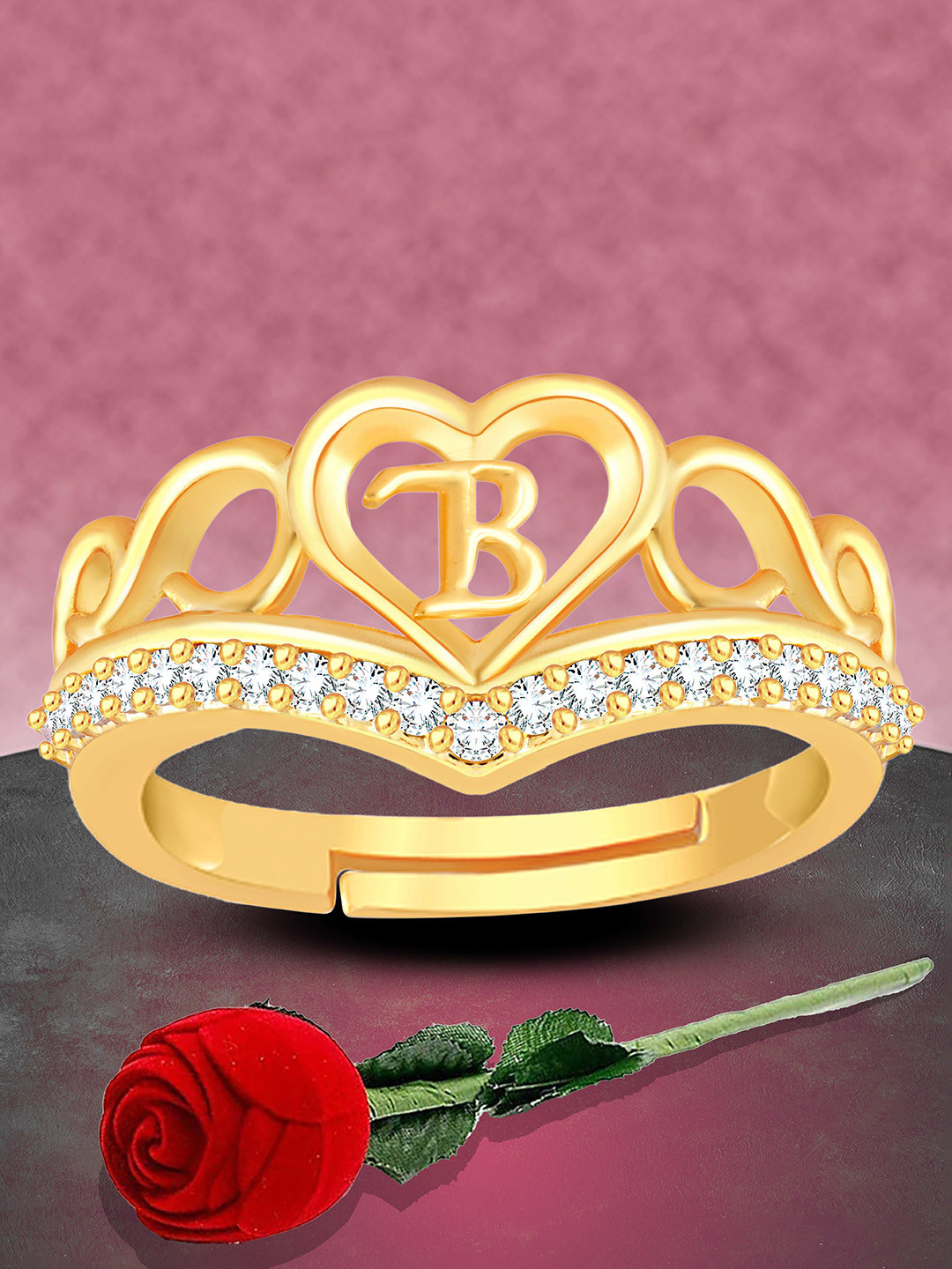 Heer Collection Unisex Gold-Plated AD Studded Alphabet B Heart-Shaped Finger Ring