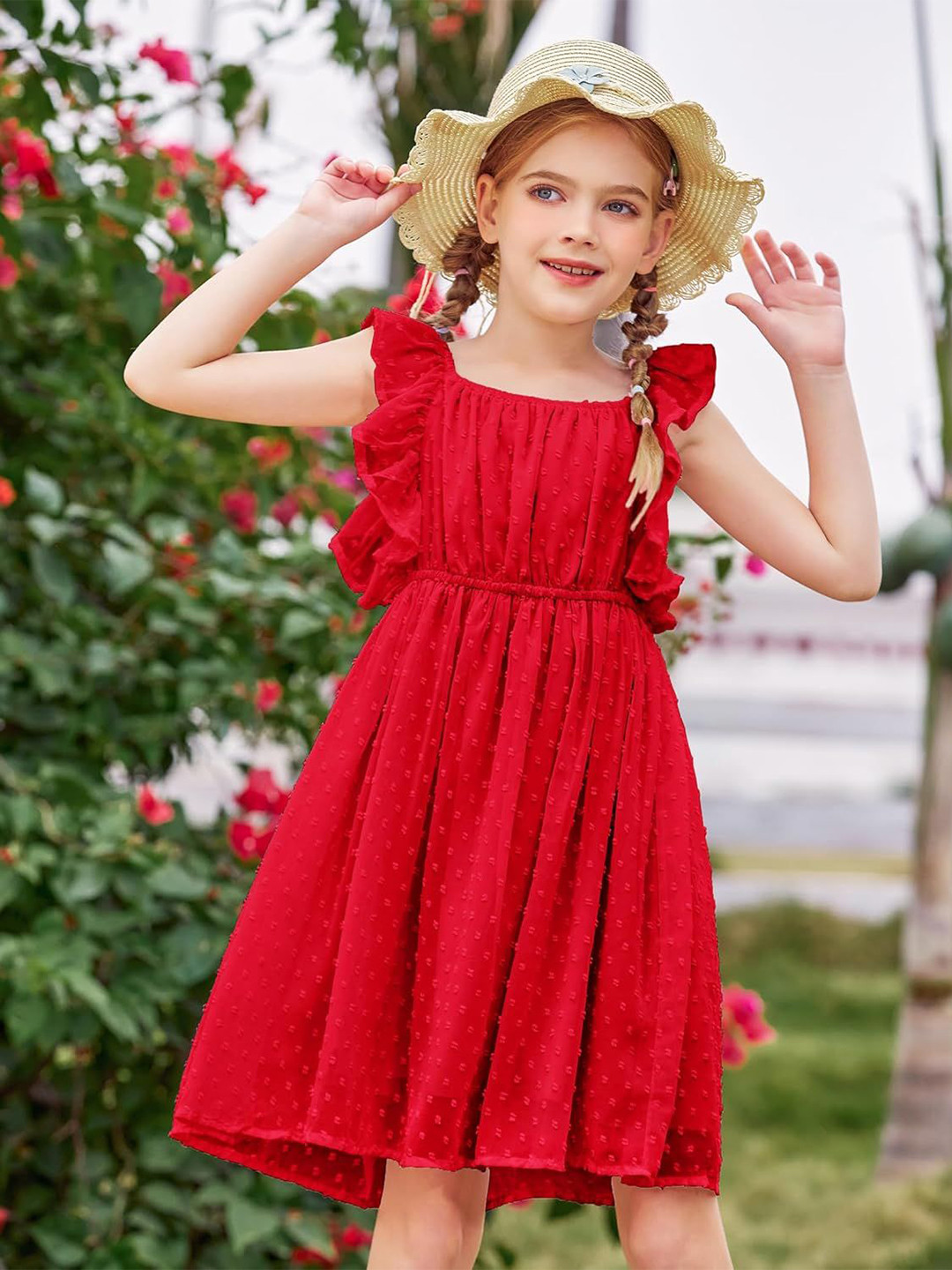 R Cube Girls Square Neck Cap Sleeves Self Design Fit & Flare Dress