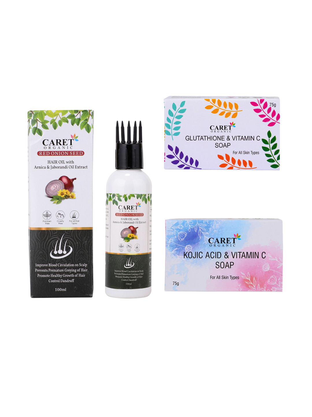 CARET ORGANIC Kojic Acid Soap With Glutathione, Vitamin C Soap & Red Onion Seed Hair Oil