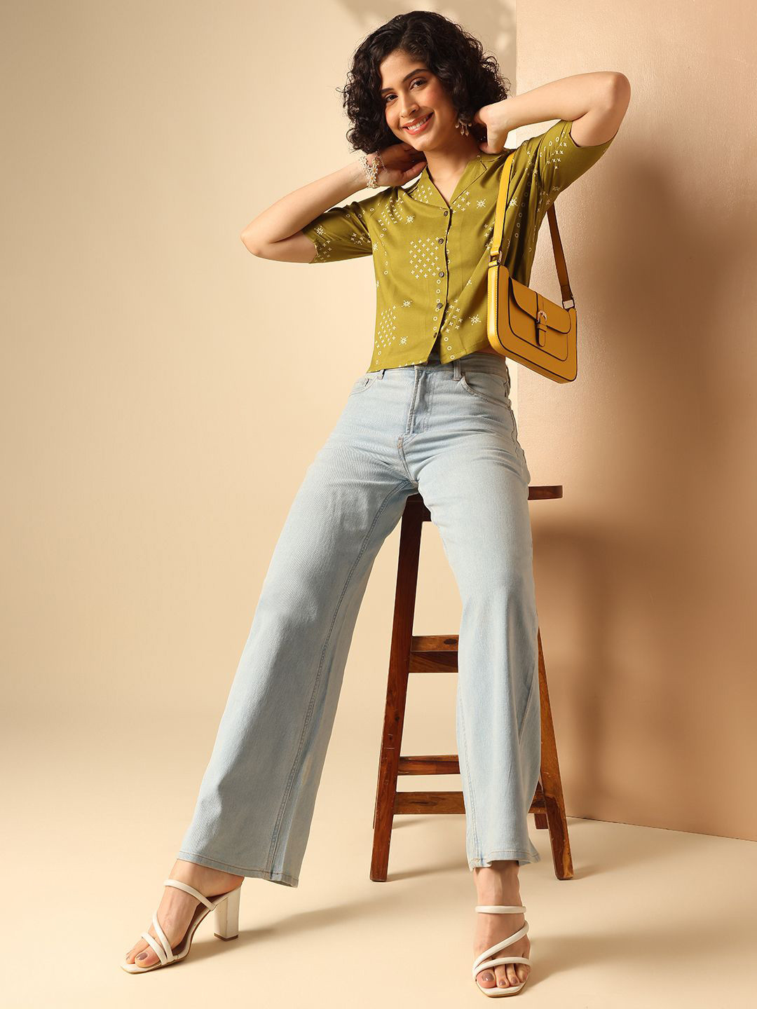 Anouk Women Micro Ditsy Printed Lapel Collar Cotton Top