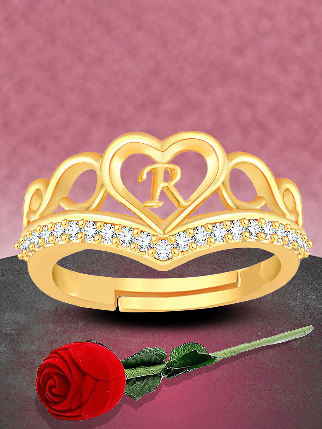 Heer Collection Unisex Gold-Plated AD-Studded Alphabet 'R' Valentine Finger Ring