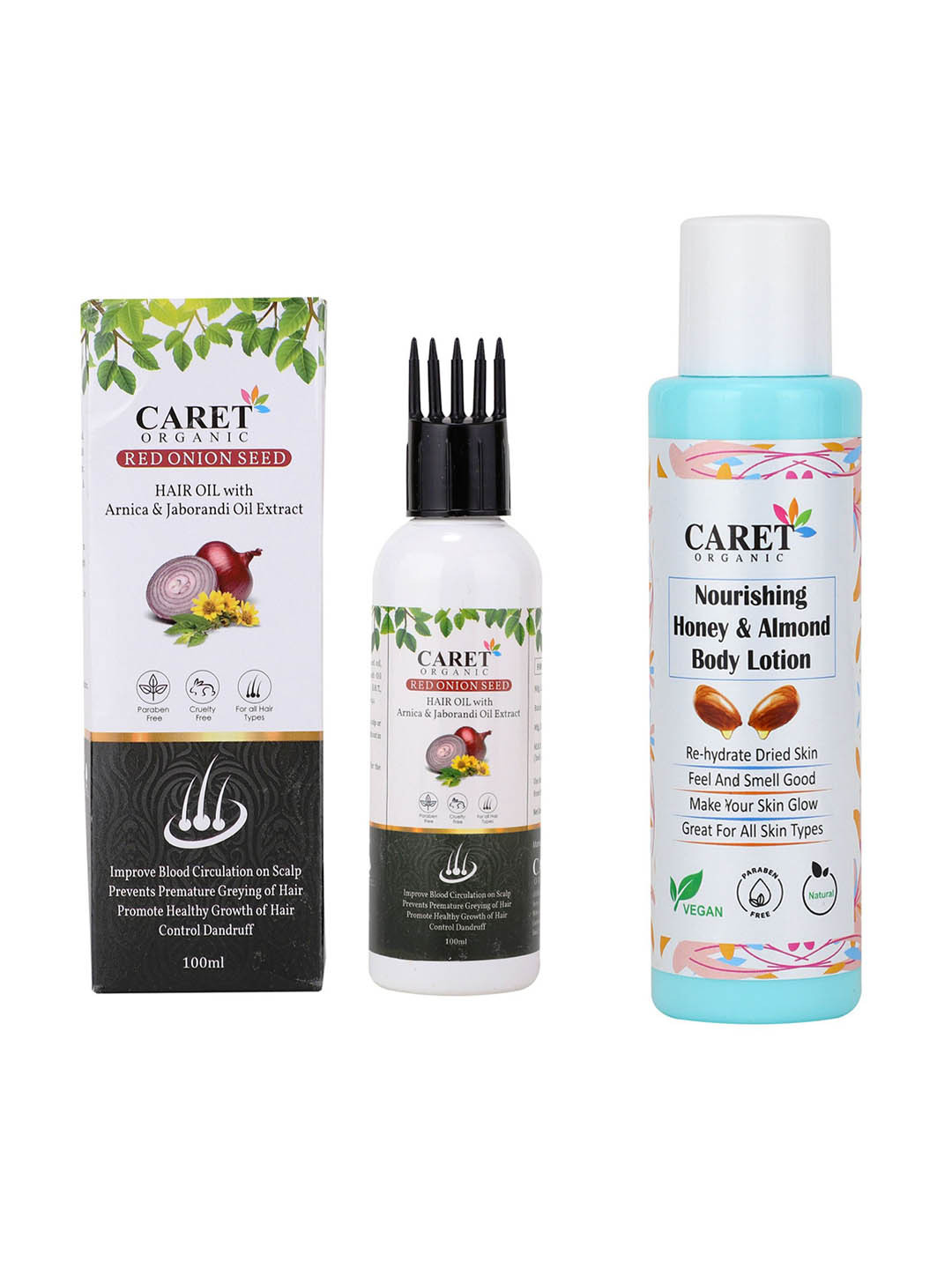CARET ORGANIC Red Onion Seed Hair Oil With Nourishing Honey & Almond Body Lotion