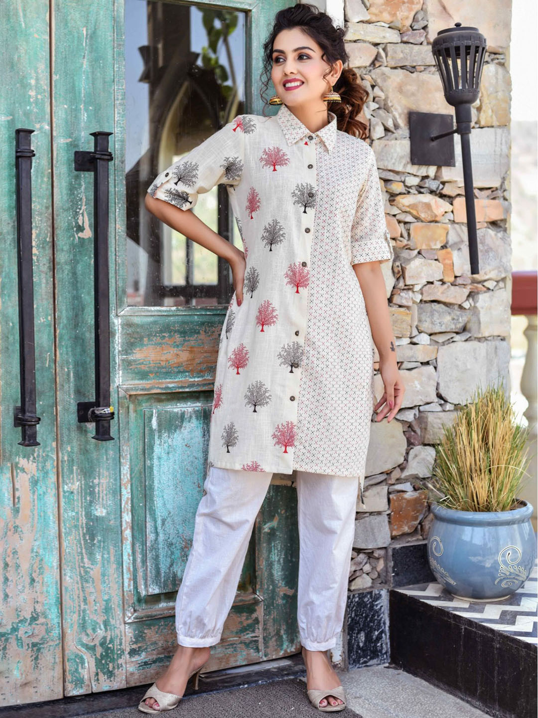 Anastay Clothing Women Floral Printed Regular Pure Cotton White Kurta with Harem Pants
