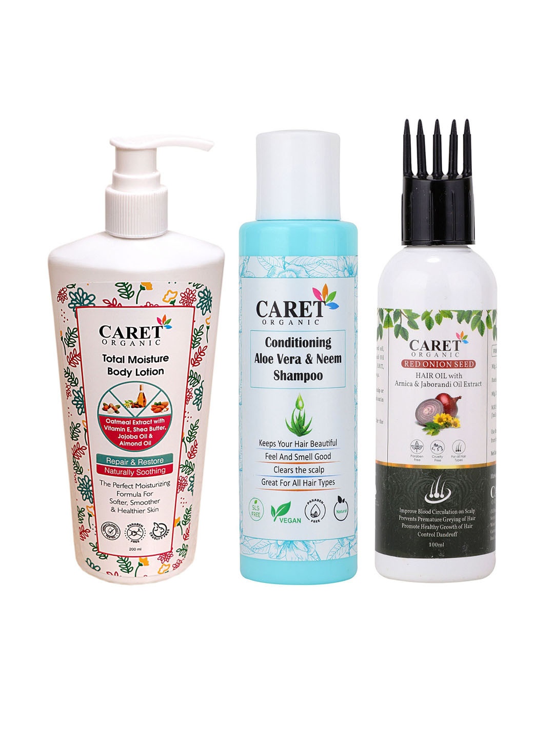 CARET ORGANIC Total Moisture Body Lotion & Aloevera Neem Shampoo & Red Onion Hair Oil