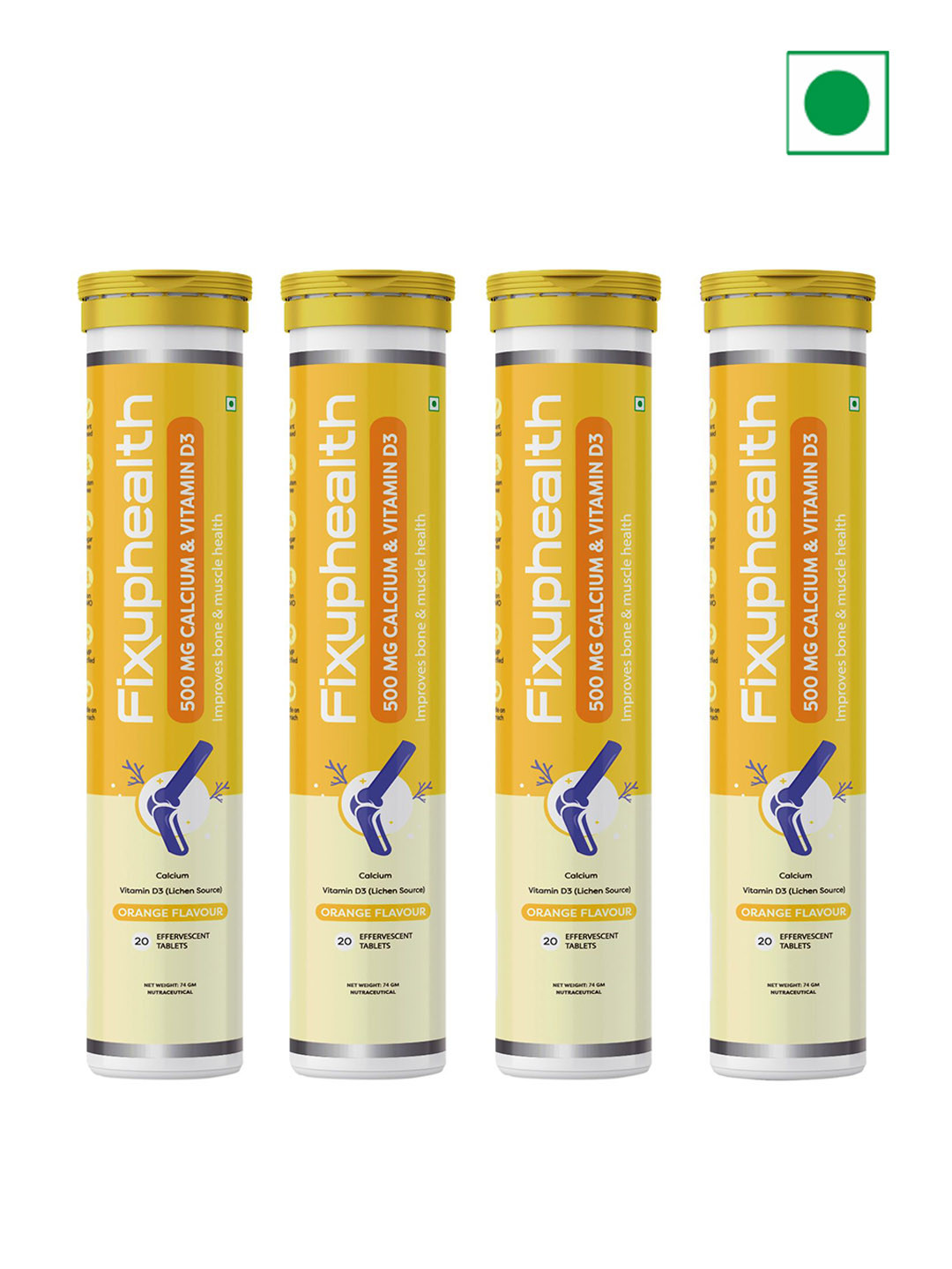 Fixuphealth Set Of 4 Calcium 500mg & Vit D3 Tablets - 20 Tablets Each - Orange Flavor