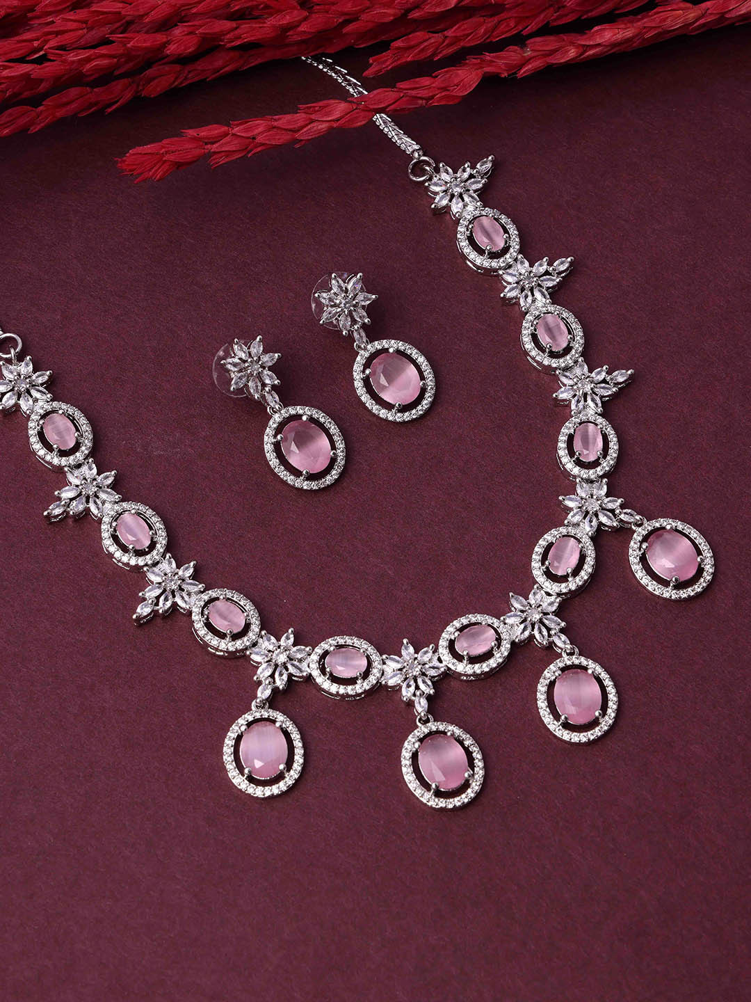 PANASH Rhodium Plated Necklace Set With American Diamond & Pink Stone Accents
