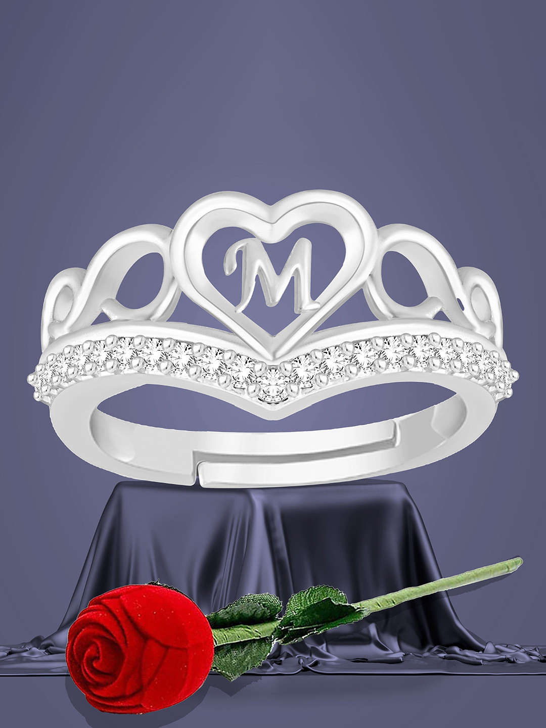 Lila Unisex Silver-Plated Heart Shaped M Letter American Diamond -Studded Finger Ring