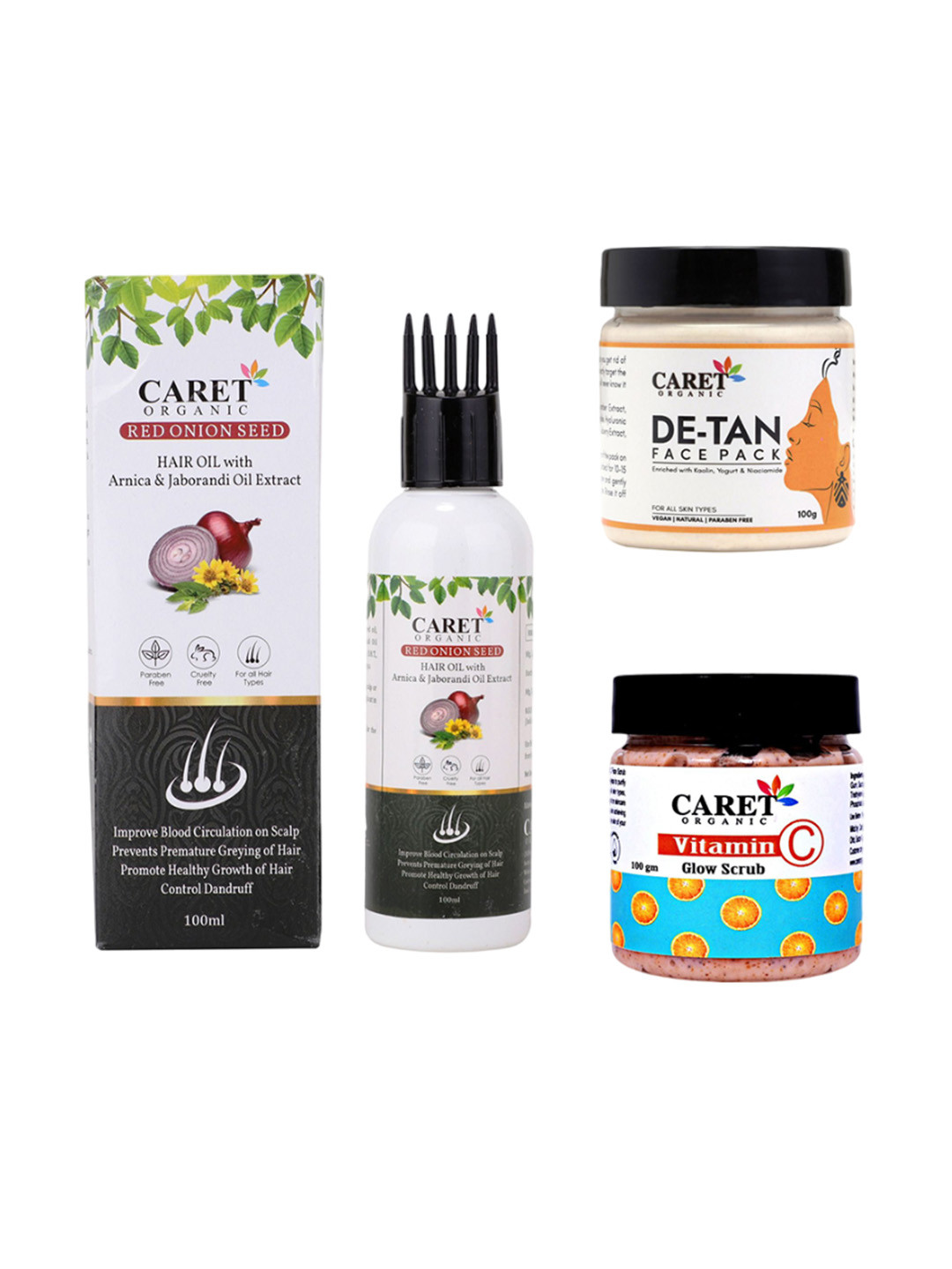 CARET ORGANIC De-Tan Face Pack, Vitamin C Glow Scrub With Red Onion Seed Hair Oil