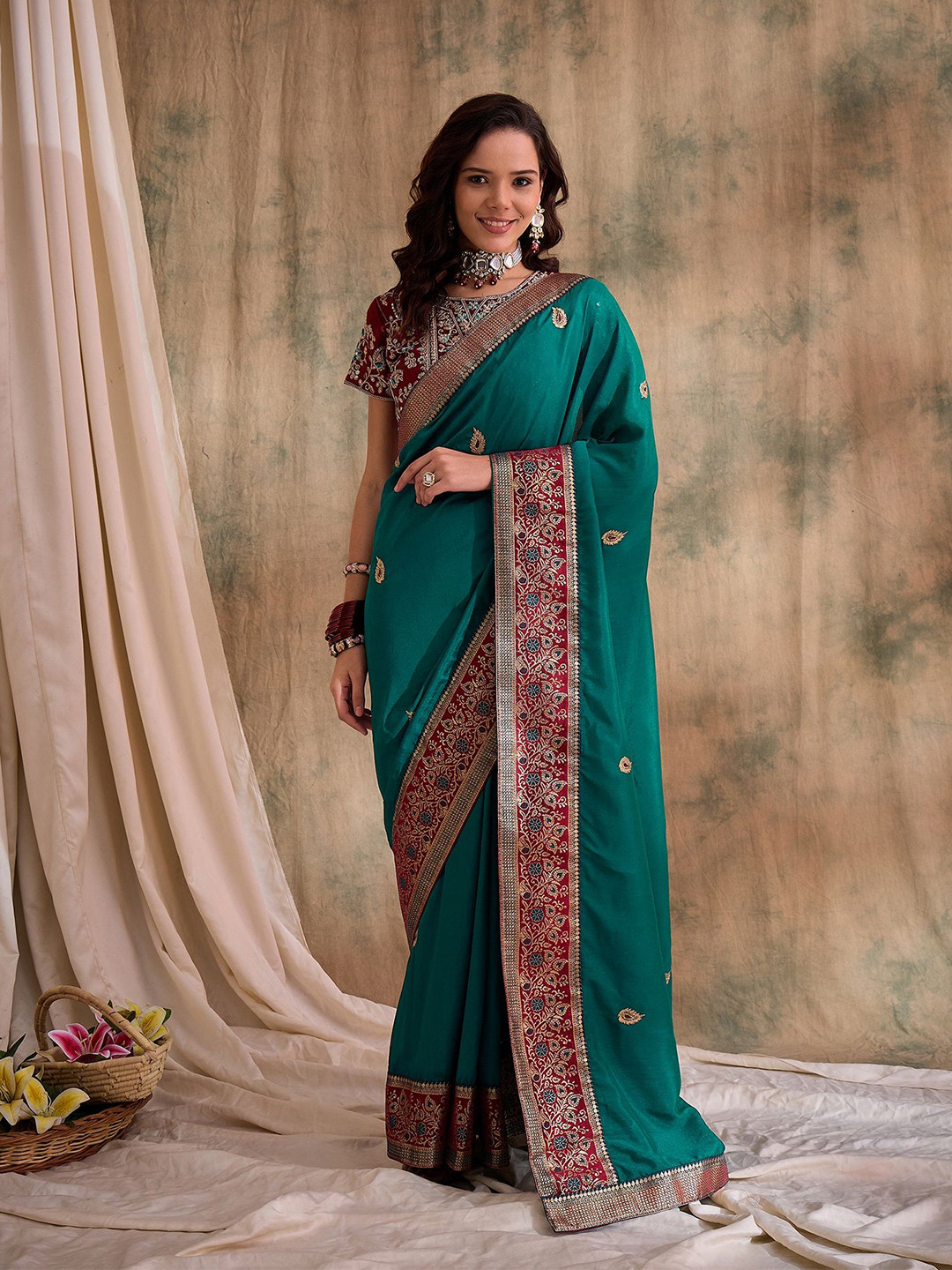 Sangria Floral Embroidered Vichitra Saree