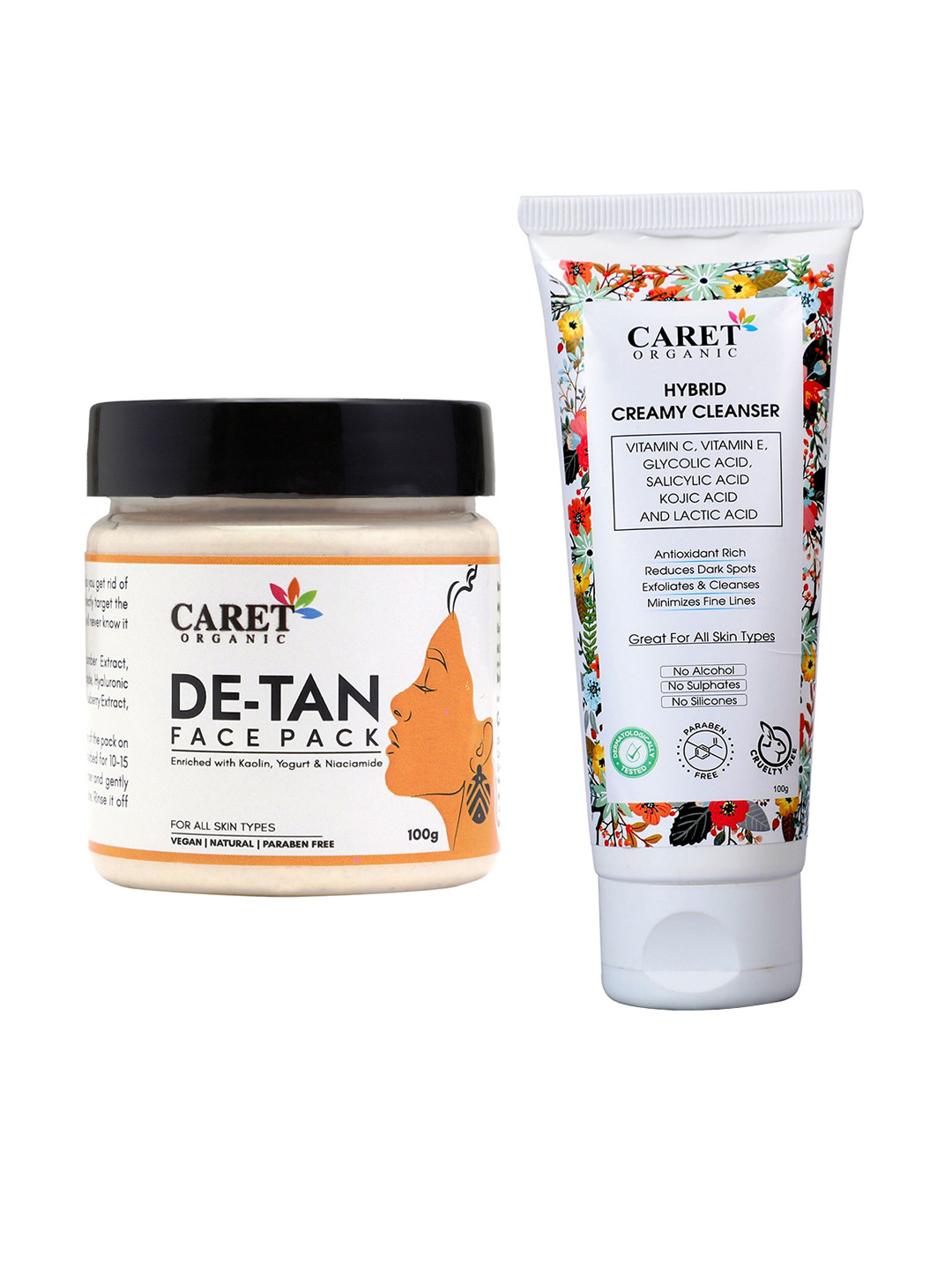 CARET ORGANIC Set Of 2 De-tan Face Pack- 100 g & Hybrid Creamy Cleanser Face Wash- 100 g