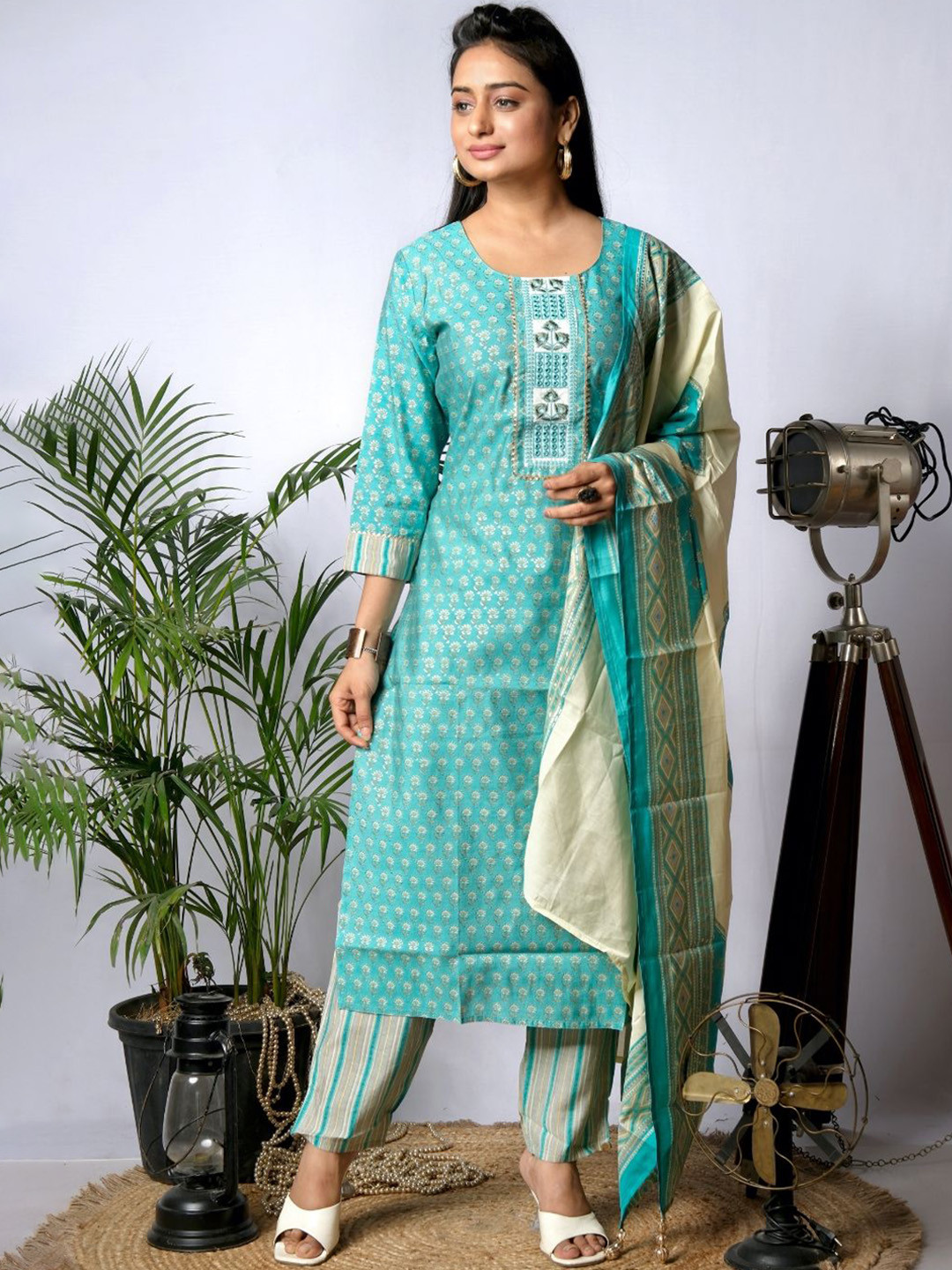 EKISHA Floral Printed Mirror Work Round Neck Rayon Kurta with Trouser & Dupatta