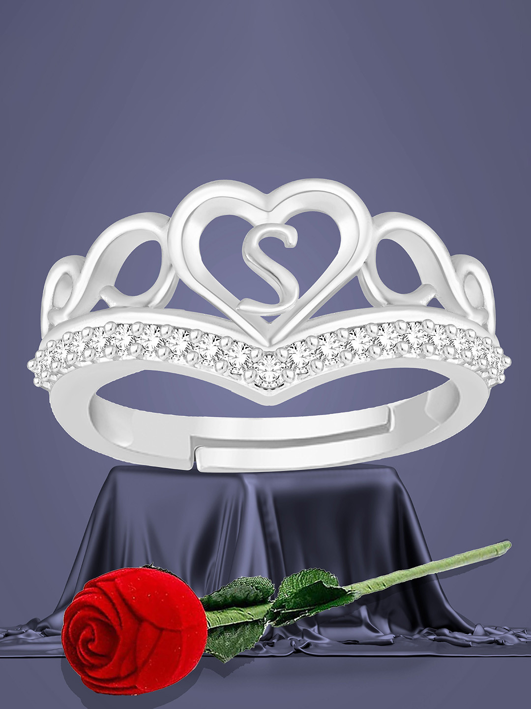 Lila Unisex Silver-Plated Heart Shaped With S Letter American Diamond -Studded Finger Ring