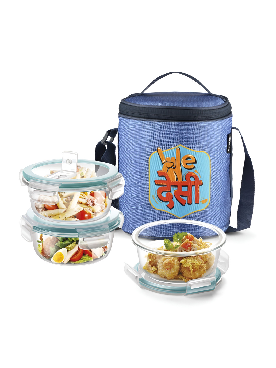 Treo All Fresh Blue Glass 3 Pieces Lunch Box With Wedesi Printed Bag-400 ml Each