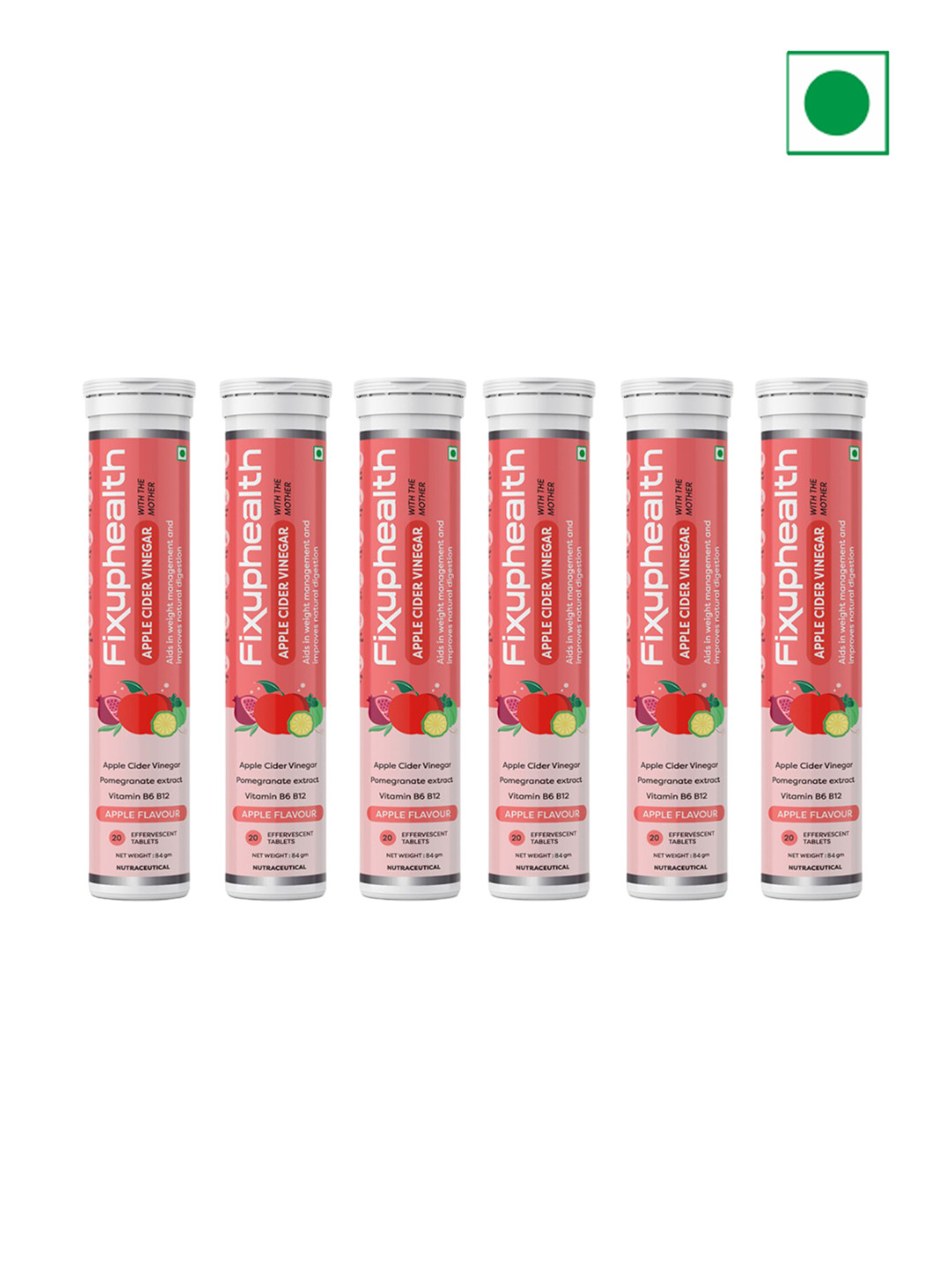 Fixuphealth Set Of 6 Apple Cider Vinegar  Effervescent Tablets - 20 N Each - 84 g Each