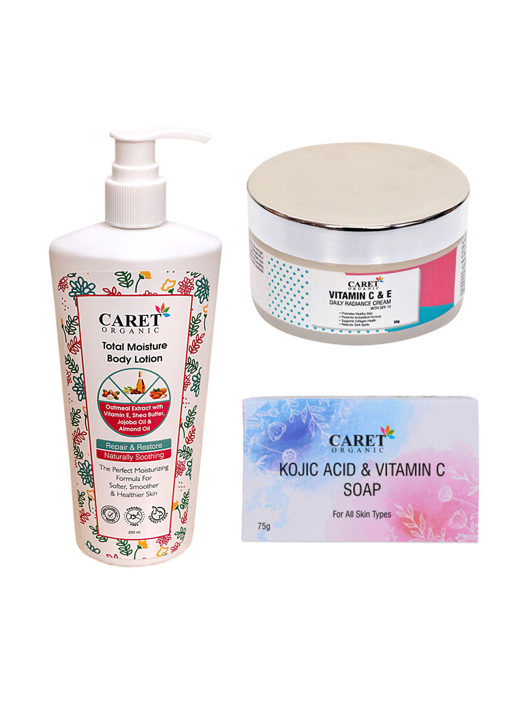 CARET ORGANIC Total Moisture Body Lotion & Kojic Acid , Vitamin C Soap& Vitamin C Cream
