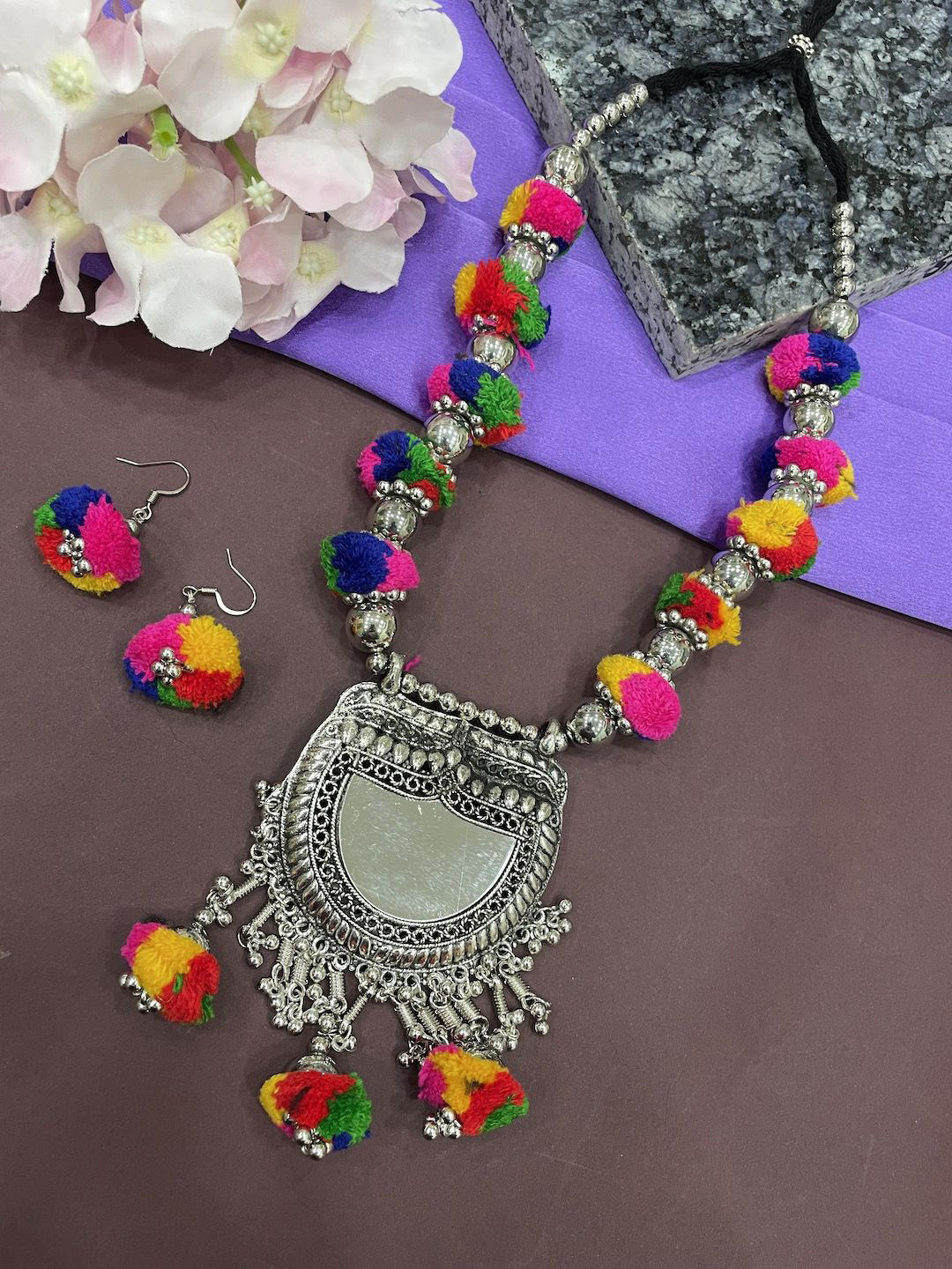 Digital Dress Room Silver Plated Beaded Pom Pom Design Necklace & Earrings