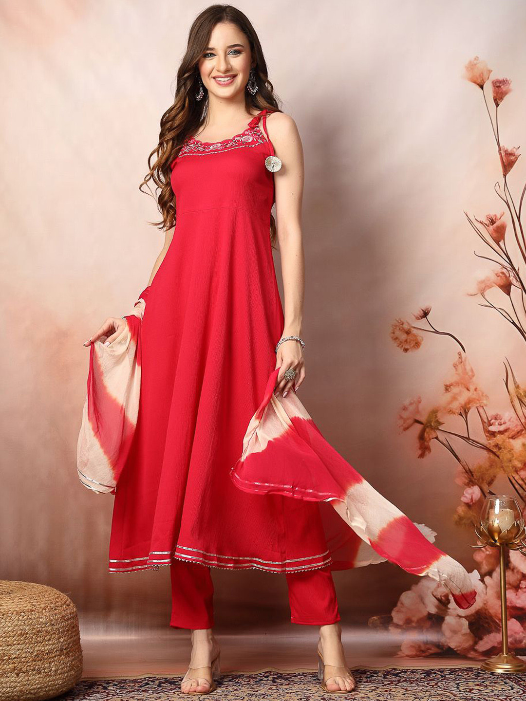 Stylum Pink Solid & Embroidered Poly Crepe A-Line Kurta with Dupatta