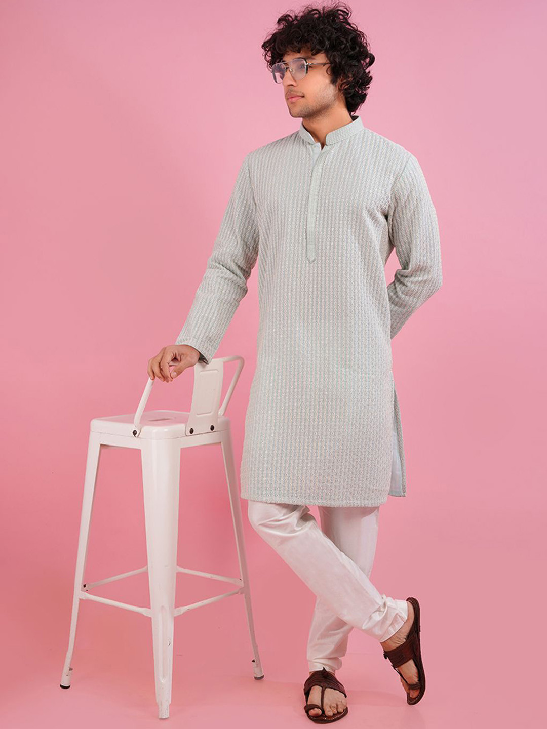 azania Men Embroidered Thread Work Georgette Pathani Kurta