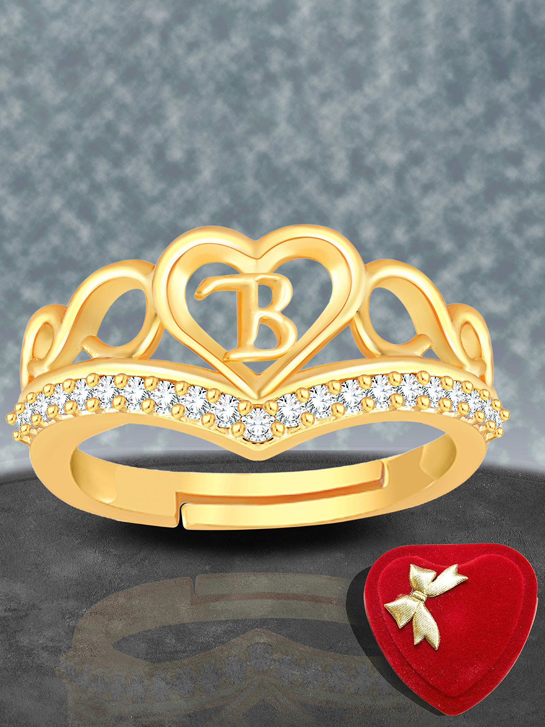 Lila Gold-Plated American Diamond Studded Alphabet B Heart Shaped Finger Ring