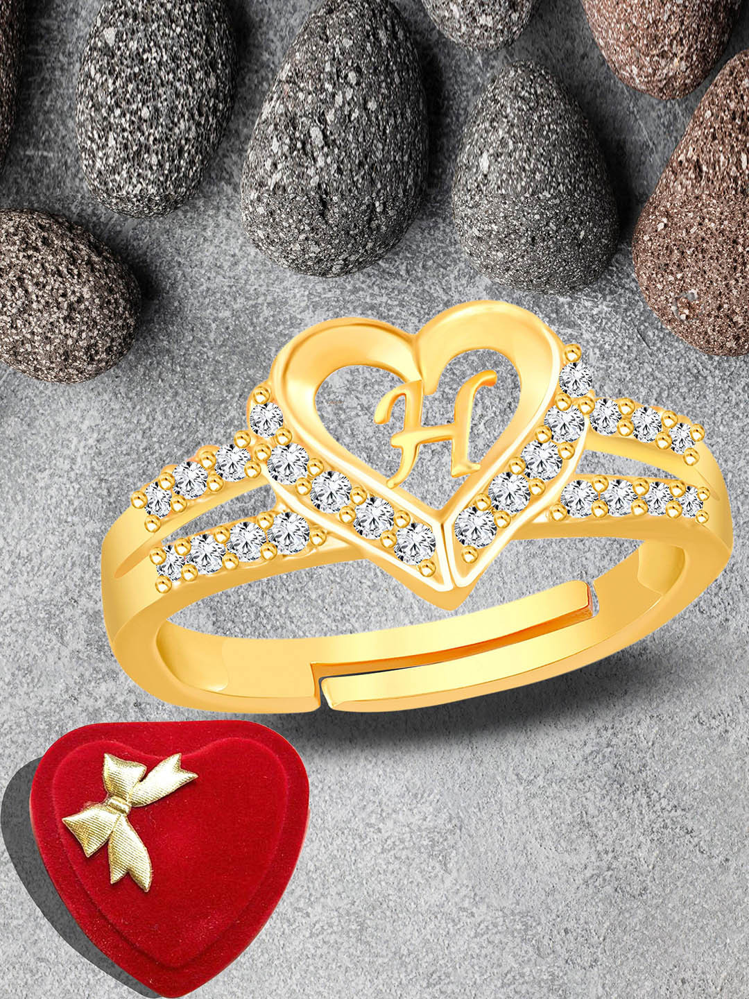 Lila Gold-Plated American Diamond Stone Studded Alphabet H Adjustable Finger Ring