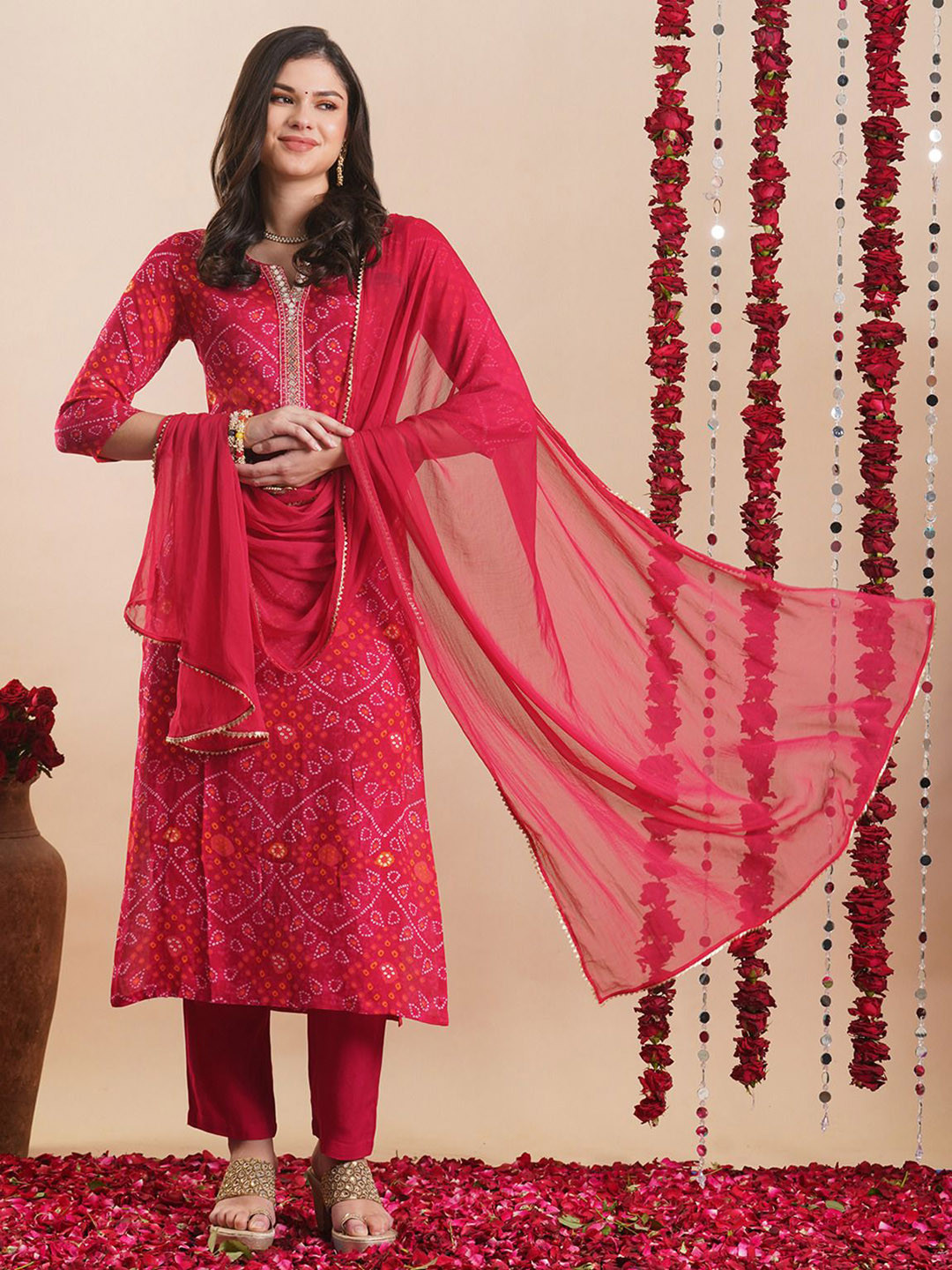 Anni Designer Women Pink Bandhani Printed Regular Kurta with Trousers & With Dupatta Set