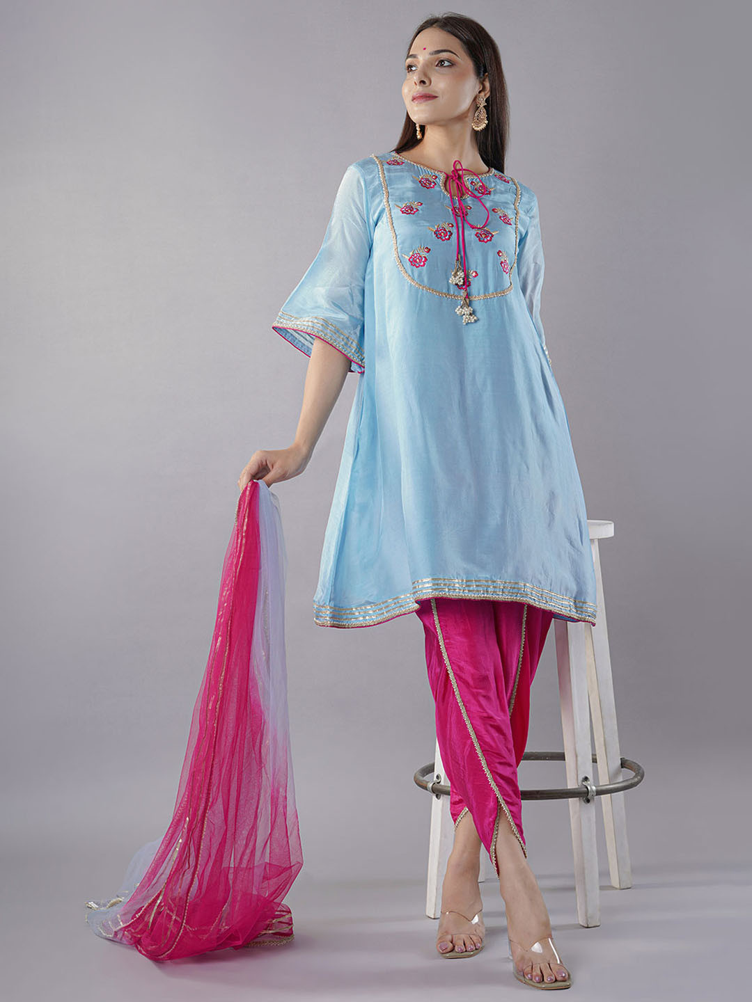 Utsav Fashion Women Embroidered A-Line Fusion Kurta with Dhoti Pants & With Dupatta