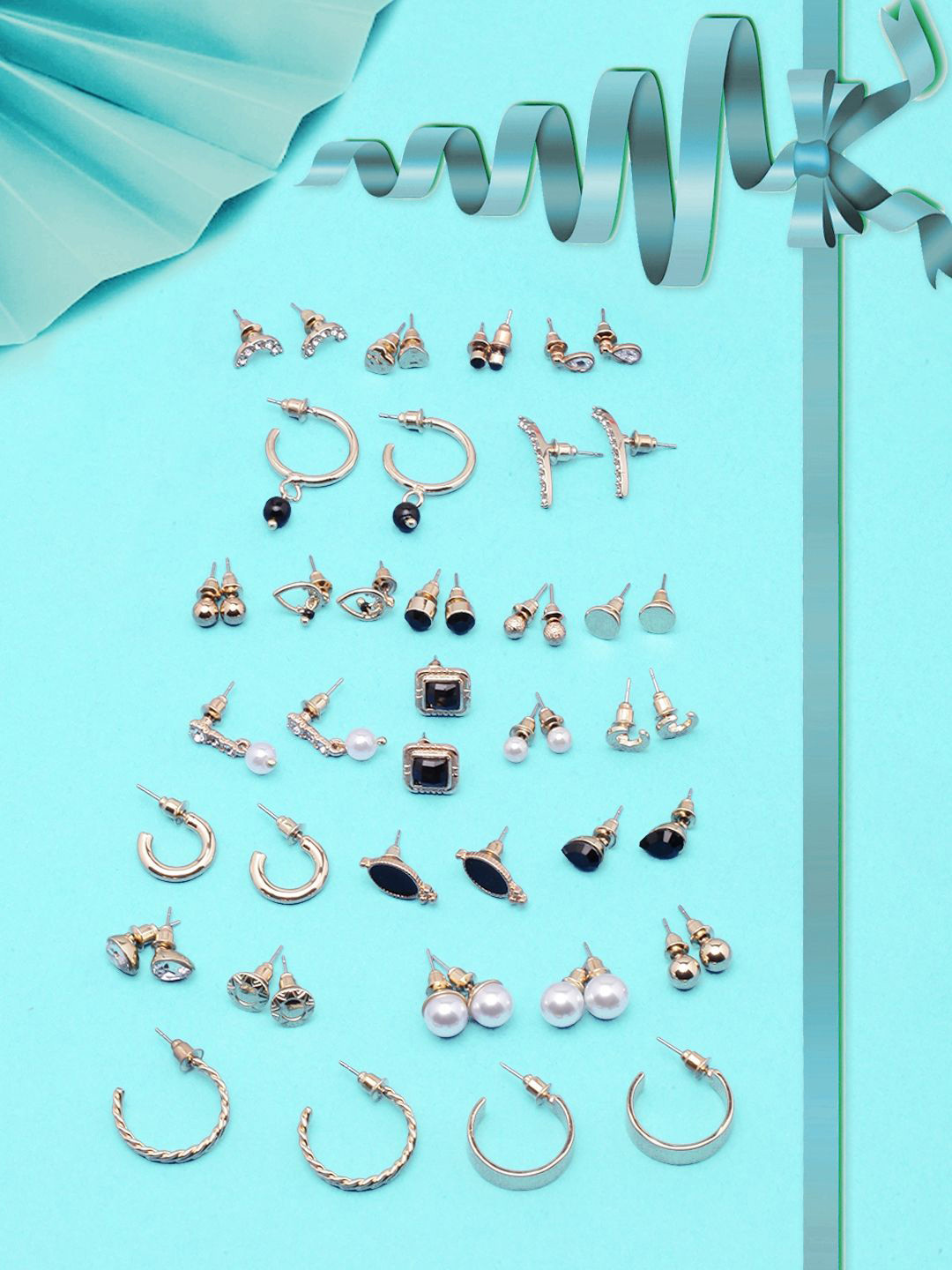 KPOP Set of 25 Gold-Plated Contemporary Rhinestone Studded Drop Earrings