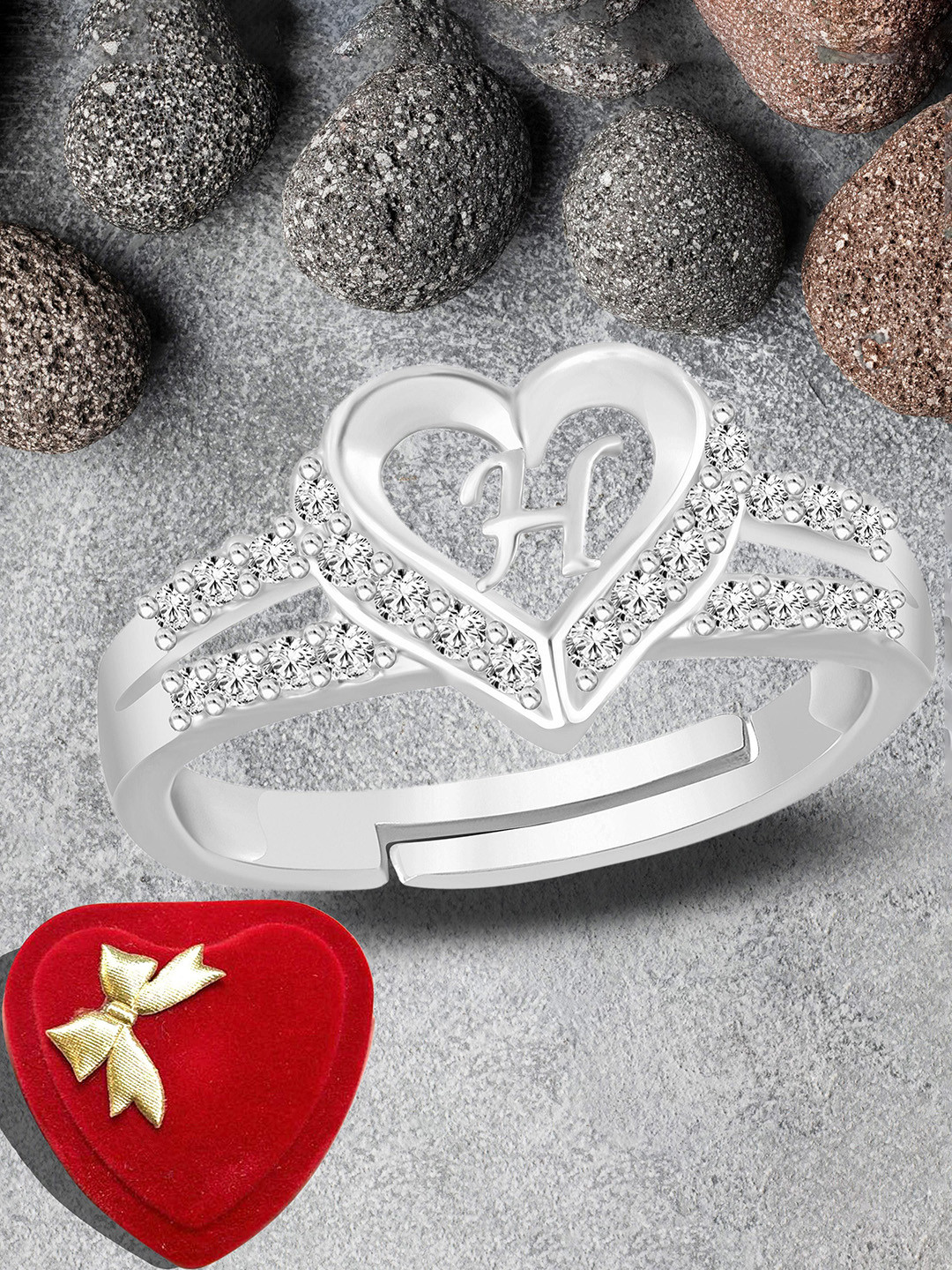 Lila Unisex Silver-Plated American Diamond Stone-Studded H Letter Adjustable Finger Ring