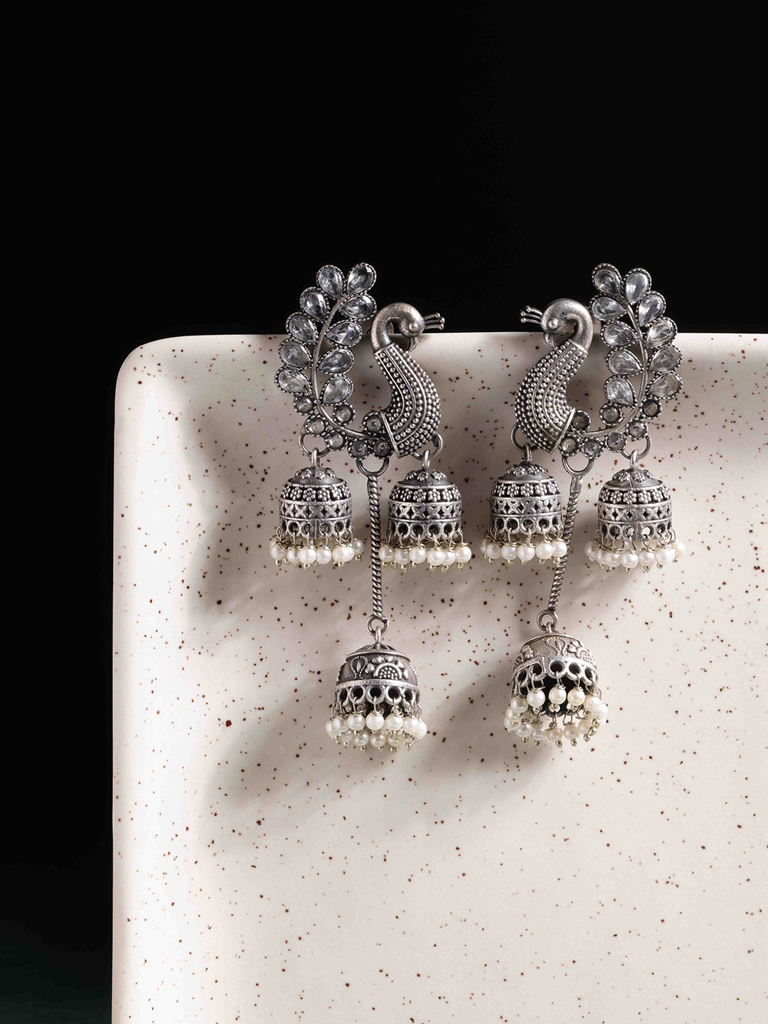 PANASH Silver Plated Artificial Beads Peacock Shaped Drop Earrings