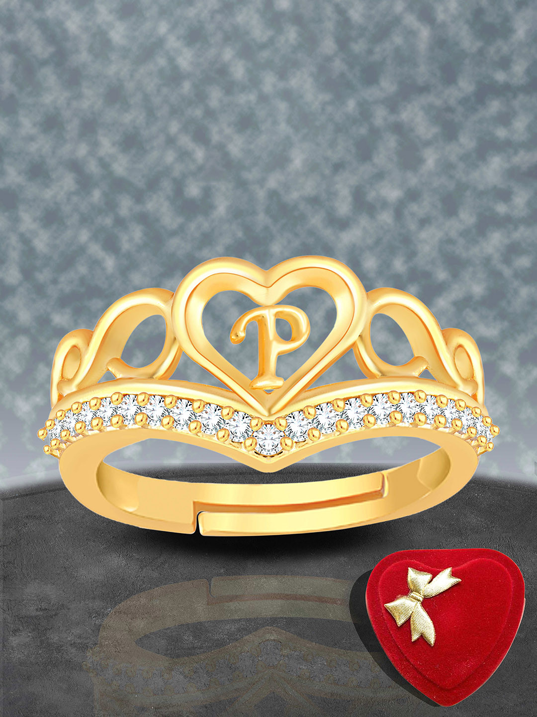 Lila Gold-Plated American Diamond Studded P Alphabet Detail Adjustable Finger Ring