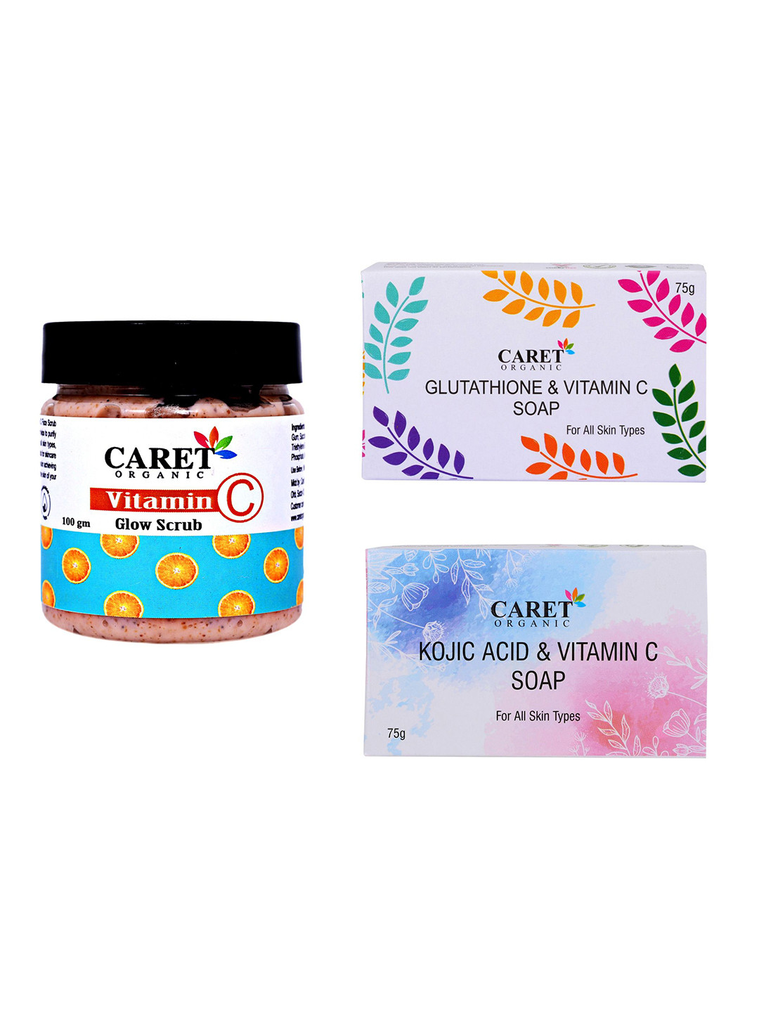 CARET ORGANIC Vitamin C Glow Scrub & Kojic Acid  Vitamin C Soap &  Glutathione Soap Combo