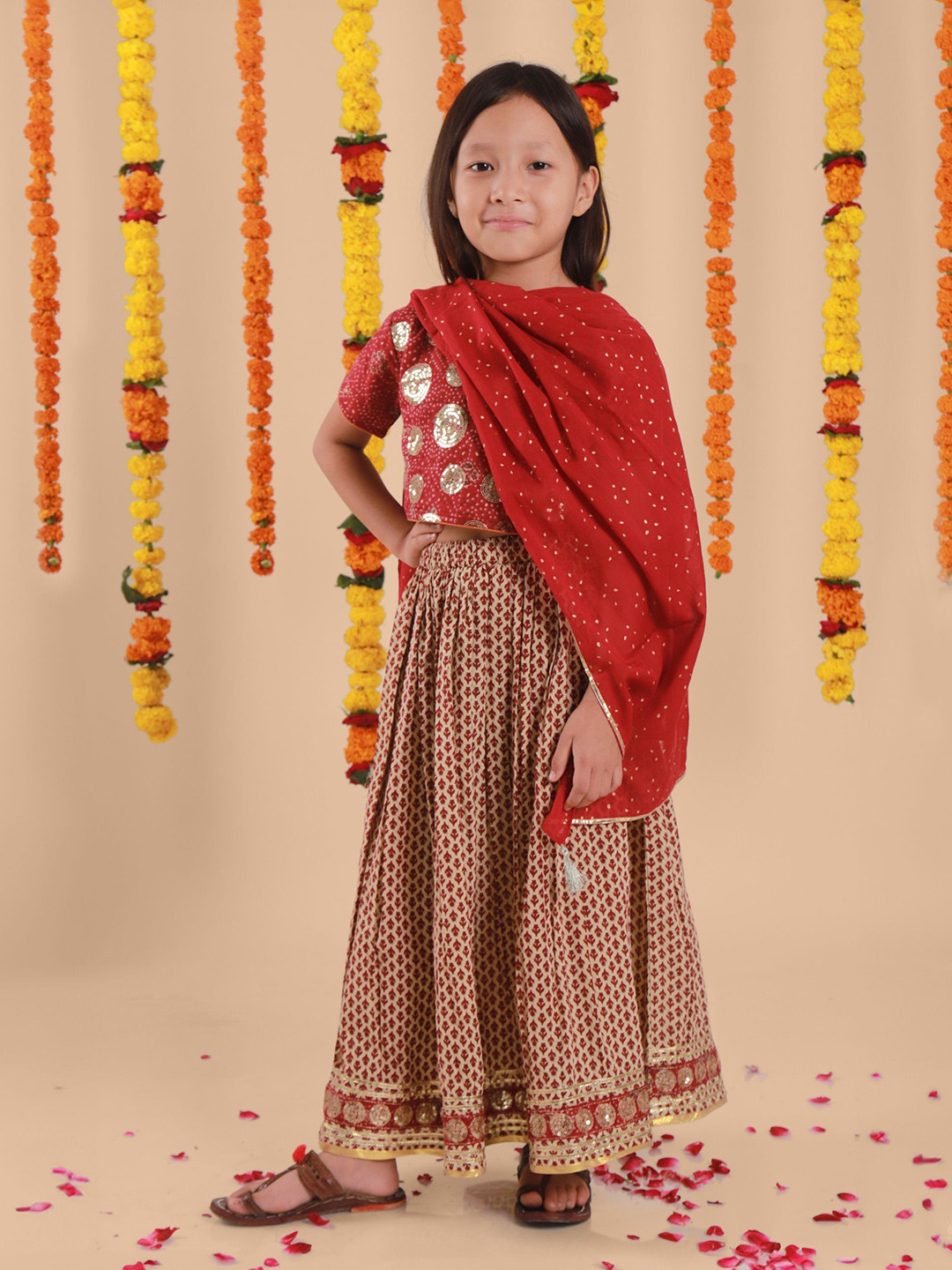 Sangria Girls Embroidered Pure Cotton Lehenga With Top