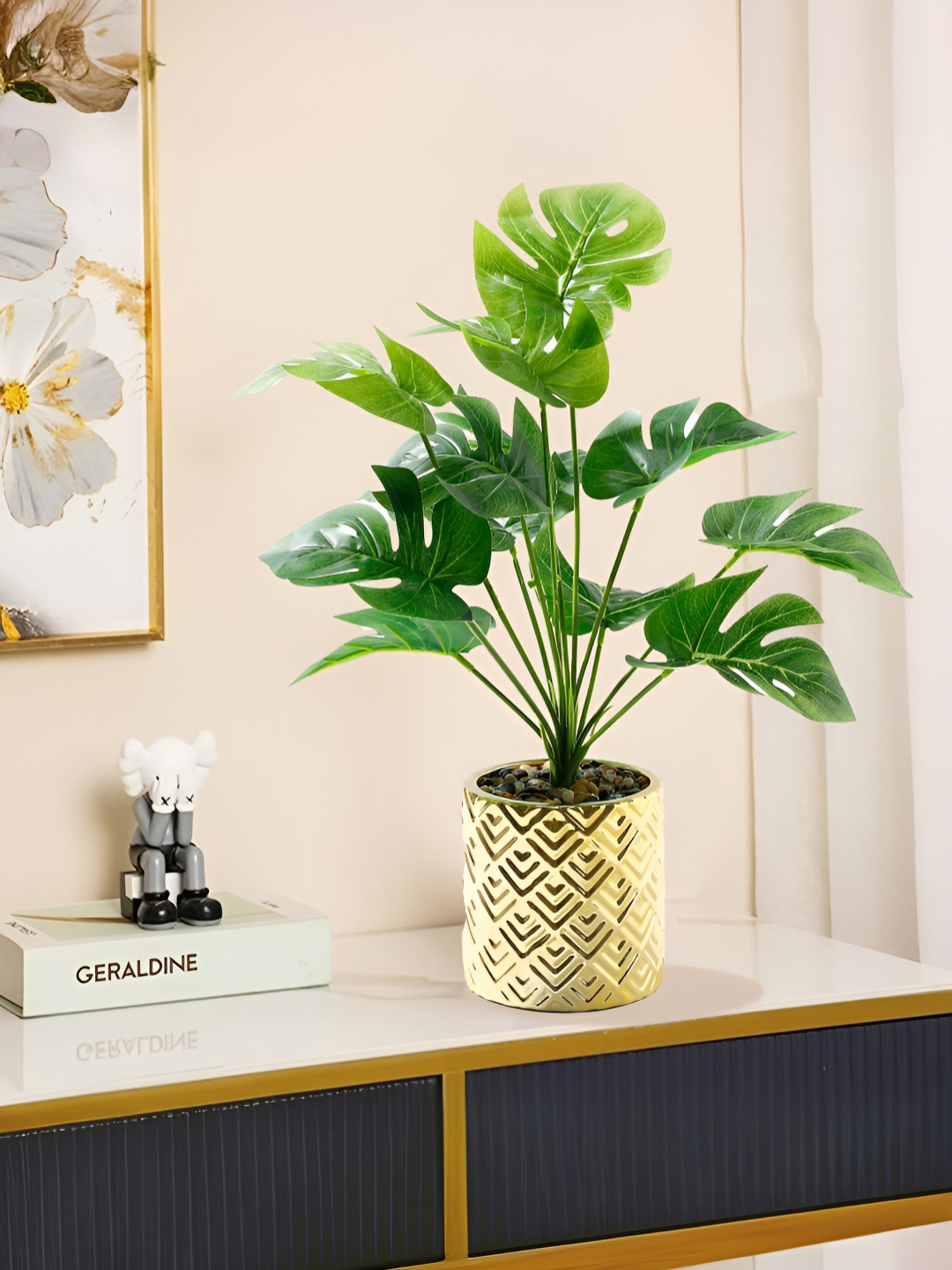 The Better Home Green & Gold Toned Artificial Leaves Plant With Pot