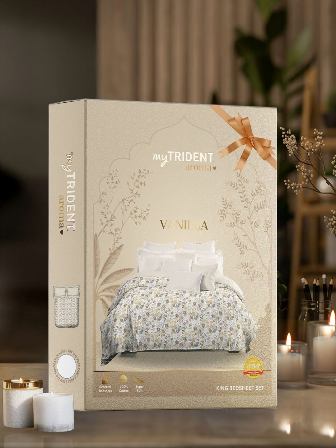 MYTRIDENT Aroma Cream Floral Cotton 144 TC King Bedsheet with 2 Pillow Covers-108 x 108 inches