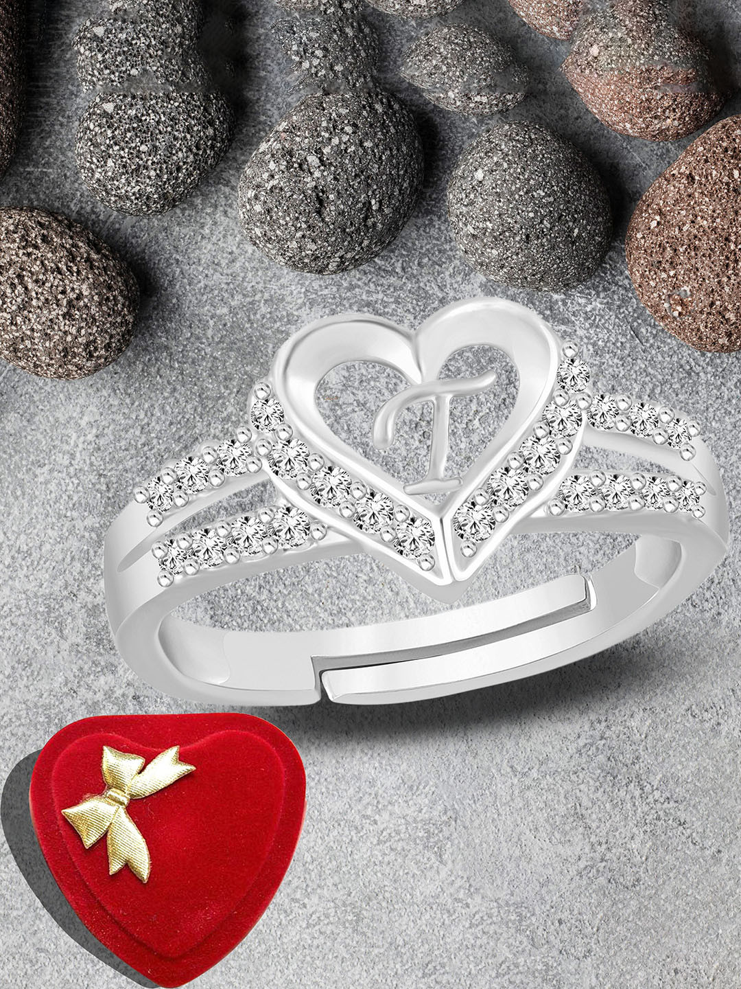 Lila Silver-Plated American Diamond Stone-Studded T Alphabet Adjustable Finger Ring