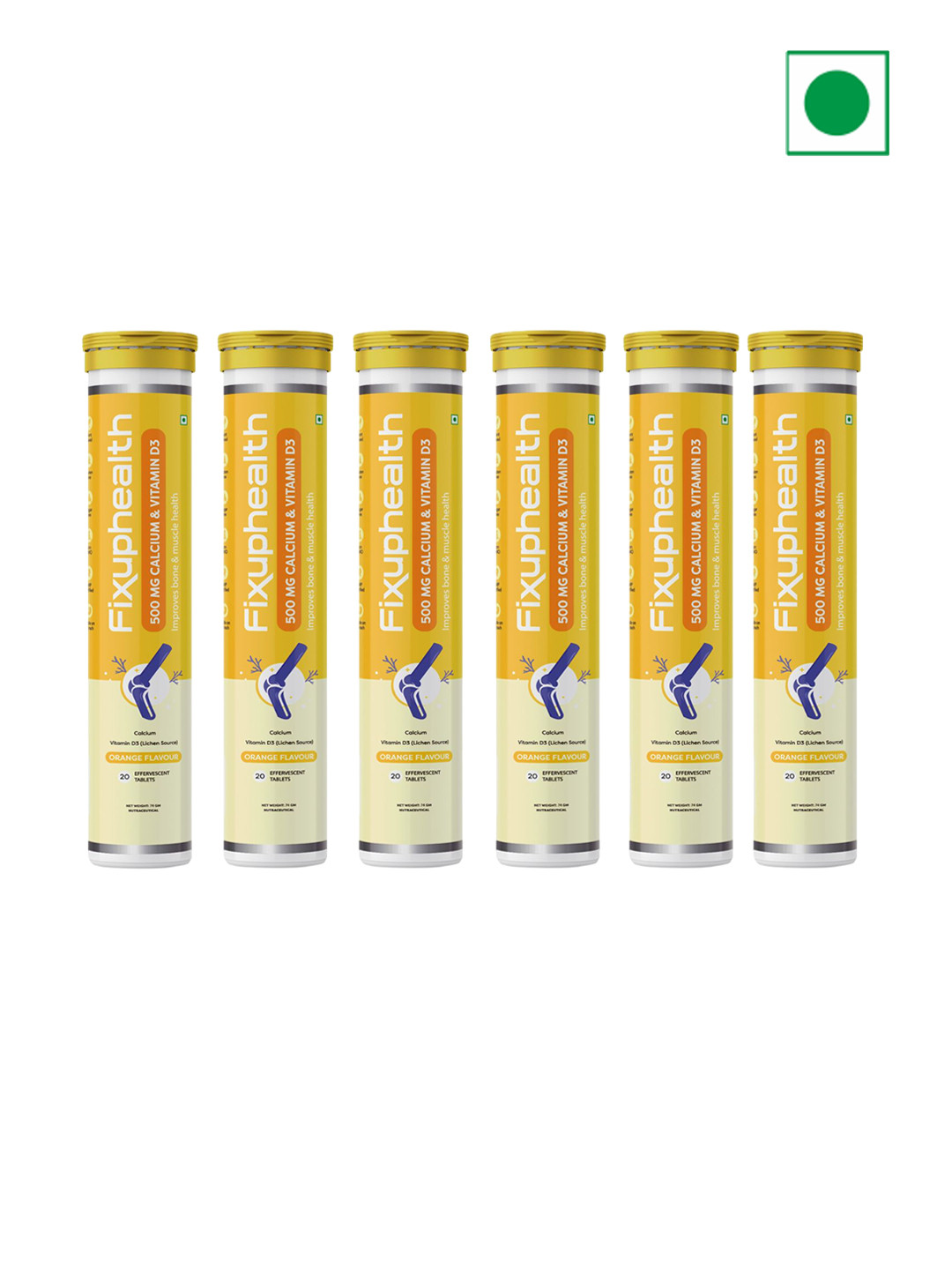 Fixuphealth Set Of 6 Calcium 500 mg & Vitamin D3 Effervescent Tablets - 74 g Each - Orange