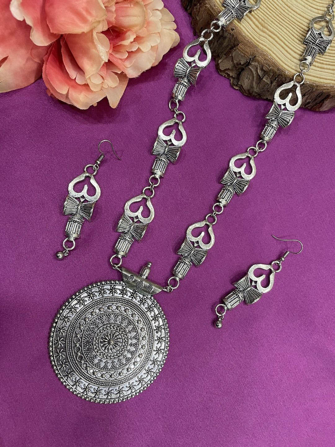 Digital Dress Room Silver Plated Om & Damru Design Necklace & Earrings