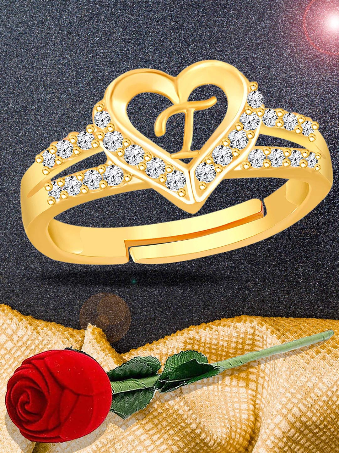 Lila Gold-Plated American Diamond Studded T Alphabet Detail Adjustable Finger Ring