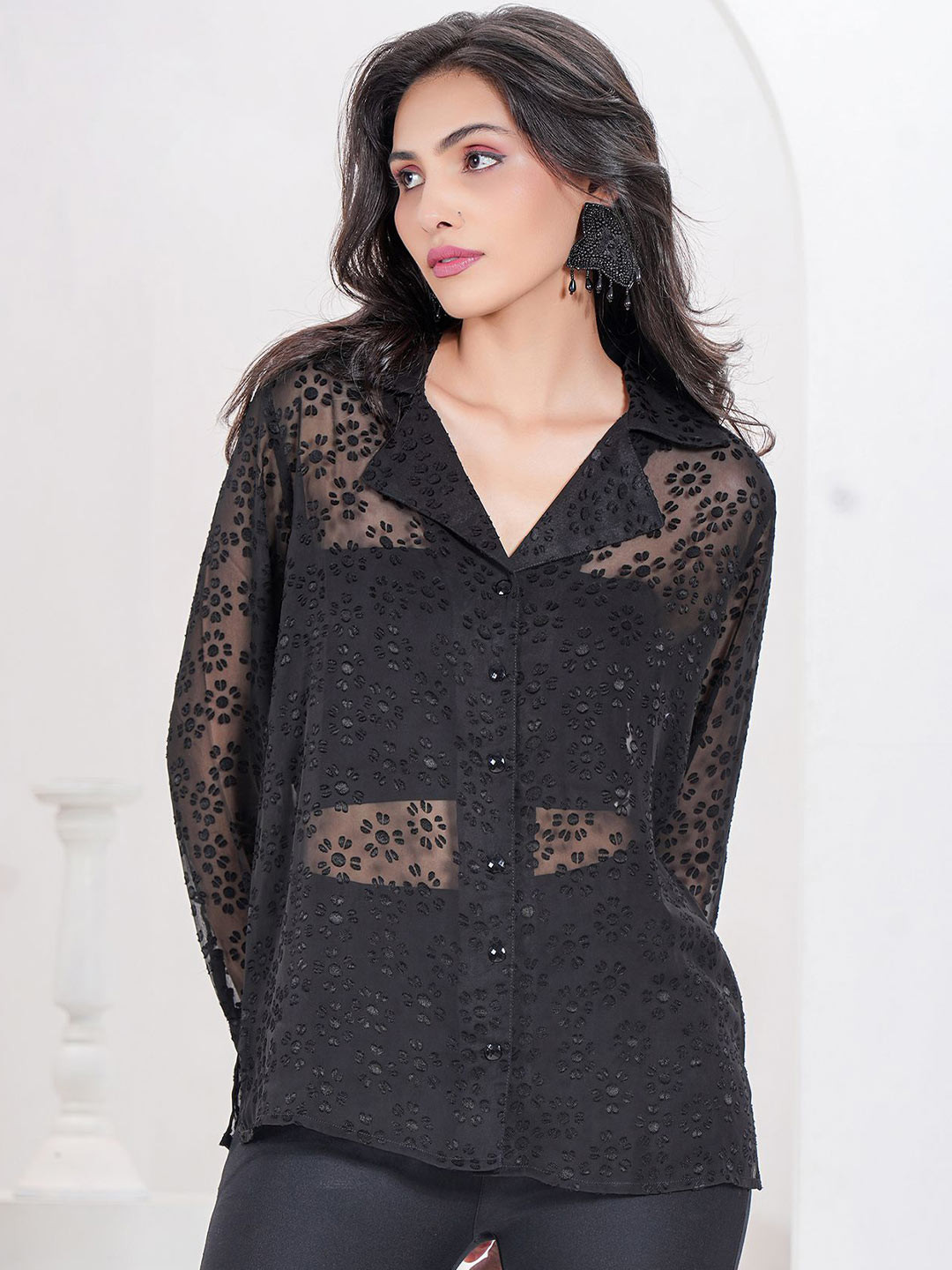 DEBONATELLA Women Textured Premium Fit Sheer Cotton Party Shirt