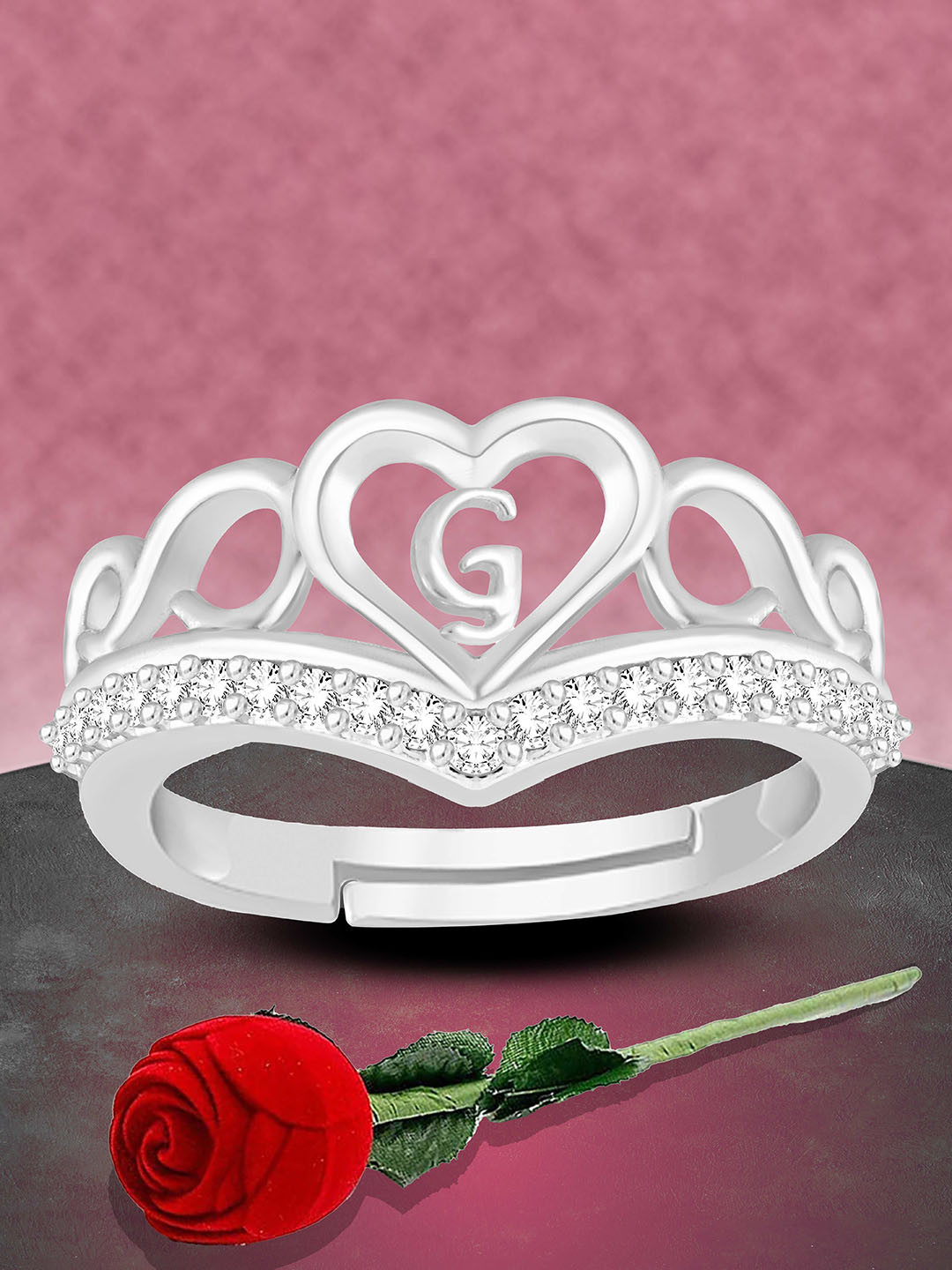 Heer Collection Unisex Silver-Plated Heart Shaped With G AD-Studded Finger Ring