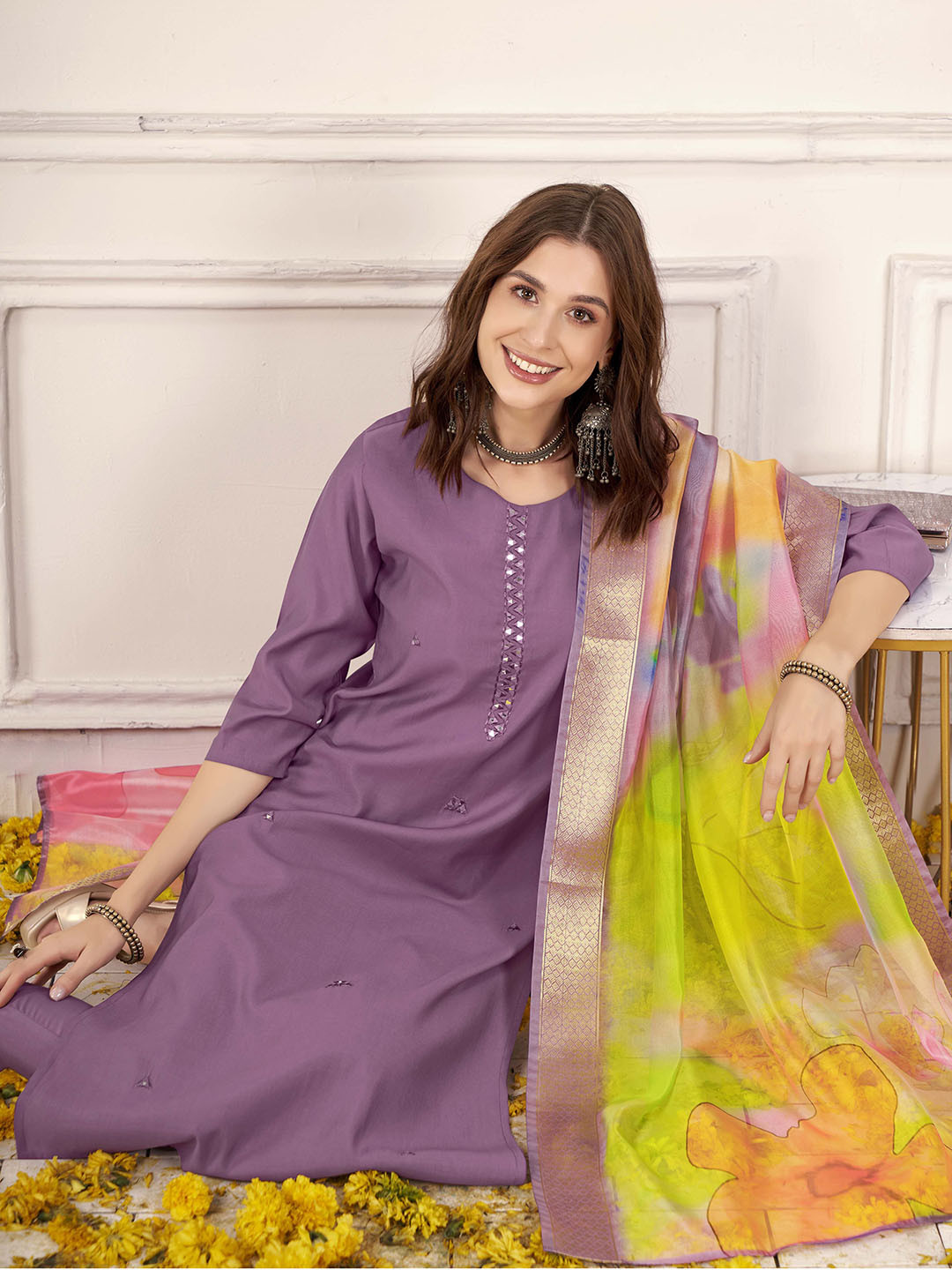 Anouk Purple Mirror Work Round Neck Straight Kurta with Trouser & Dupatta
