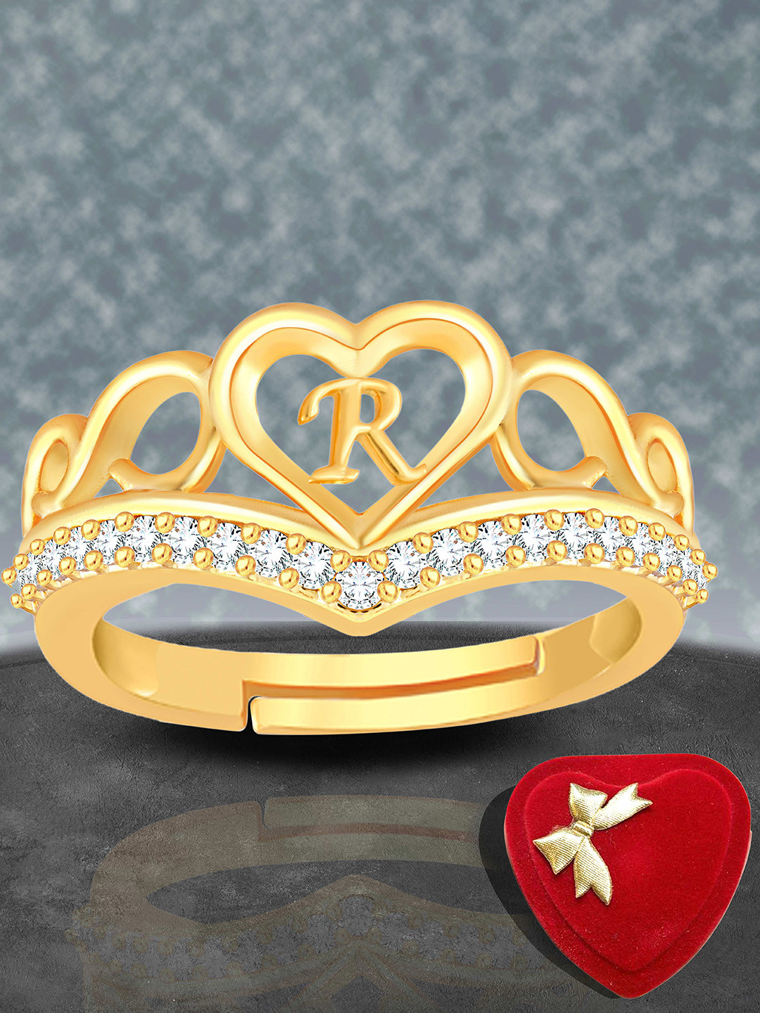 Lila Unisex Gold-Plated American Diamond-Studded Letter R Adjustable Ring