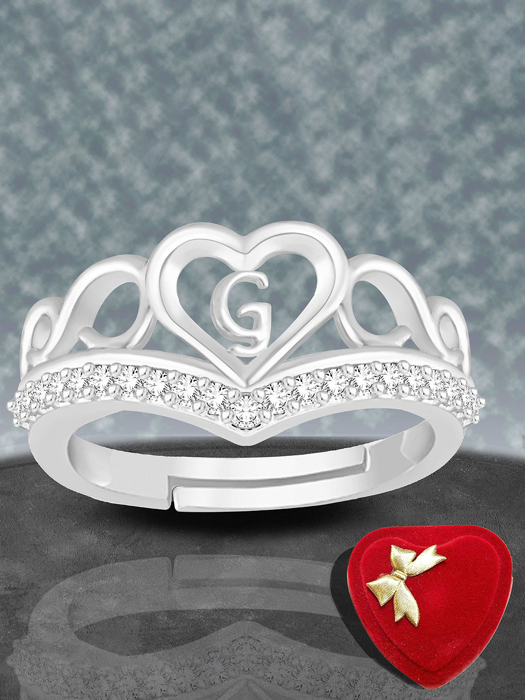 Lila Unisex Silver-Plated American Diamond Studded Alphabet G Letter Heart Shaped Ring